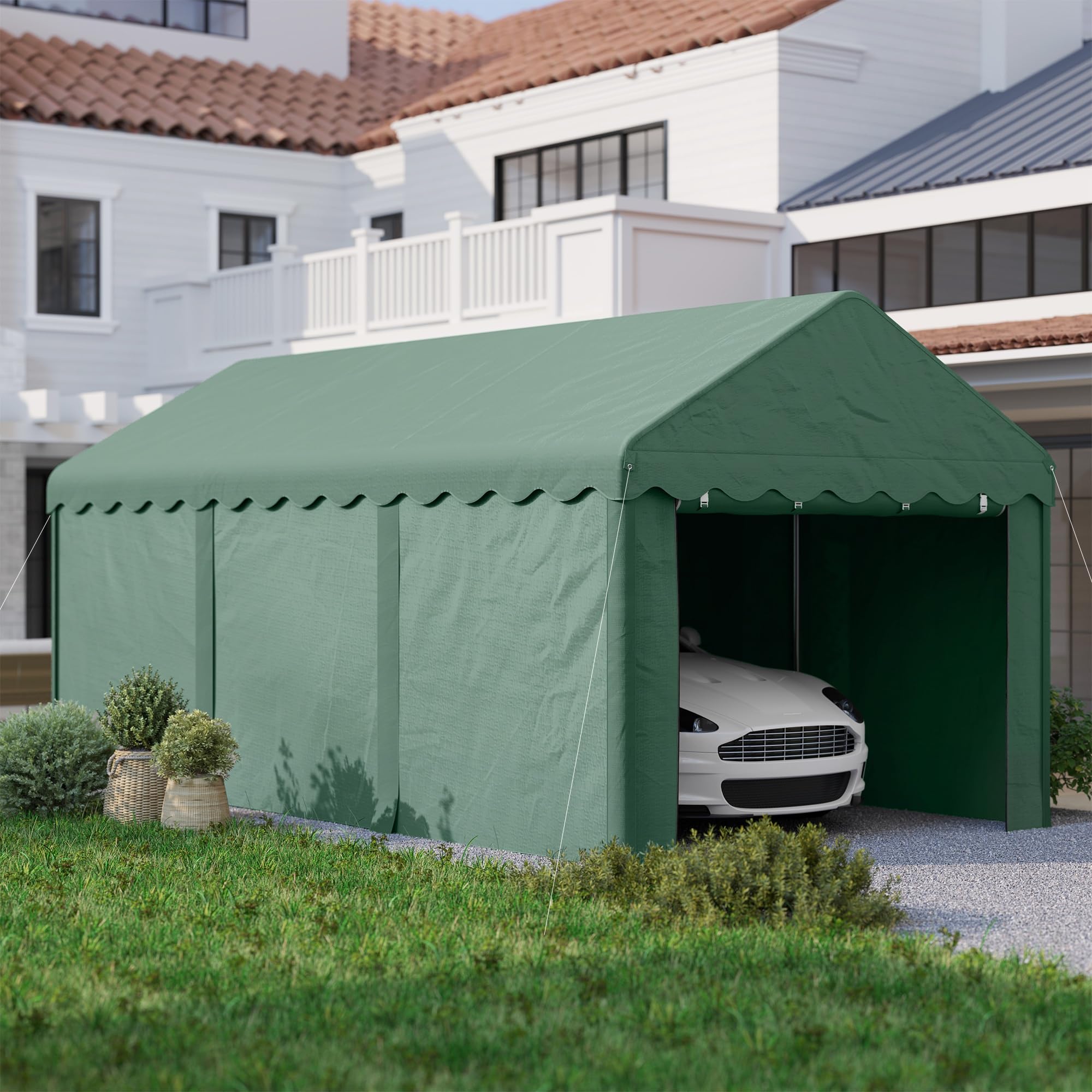 Outsunny Carport 3x6 m wasserdicht Garagenzelt mit Rolltüren, abnehmbaren Seitenwänden, UV-beständig Lagerzelt mit Dach, Zeltgarage Garagenüberdachung Unterstand Weidezelt für Auto, LKW, SUV, Grün