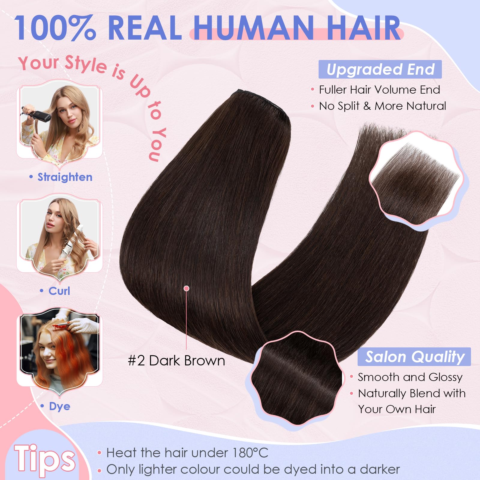 Elailite Clip in Hair Extensions Real Human Hair - 8 Pieces Thin Weft Full Head Remy Hair Straight - #2 Dark Brown - 20 Inch (70 g) - Image 4