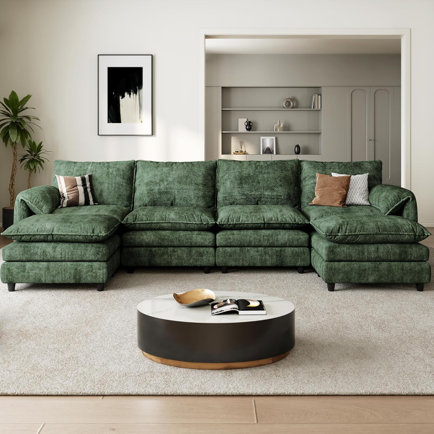 DWVO 142" Modular Sectional Sofa, Modern U Shaped Couch with Movable Ottoman, Pillow-Armrest, Velvet 6 Deep Seat Cloud Couch for Living Room, Green