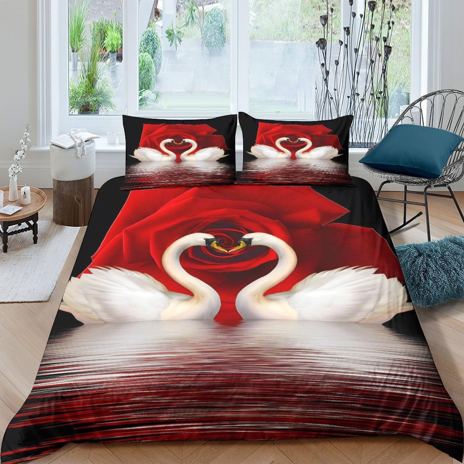 Ctjqhvkz Style-10 3D Printed Romantic Swan Fitted Sheet Microfiber Soft Red Rose Bed Cover For Bedroom Guest Room Mattress Decor Single（135X200cm）