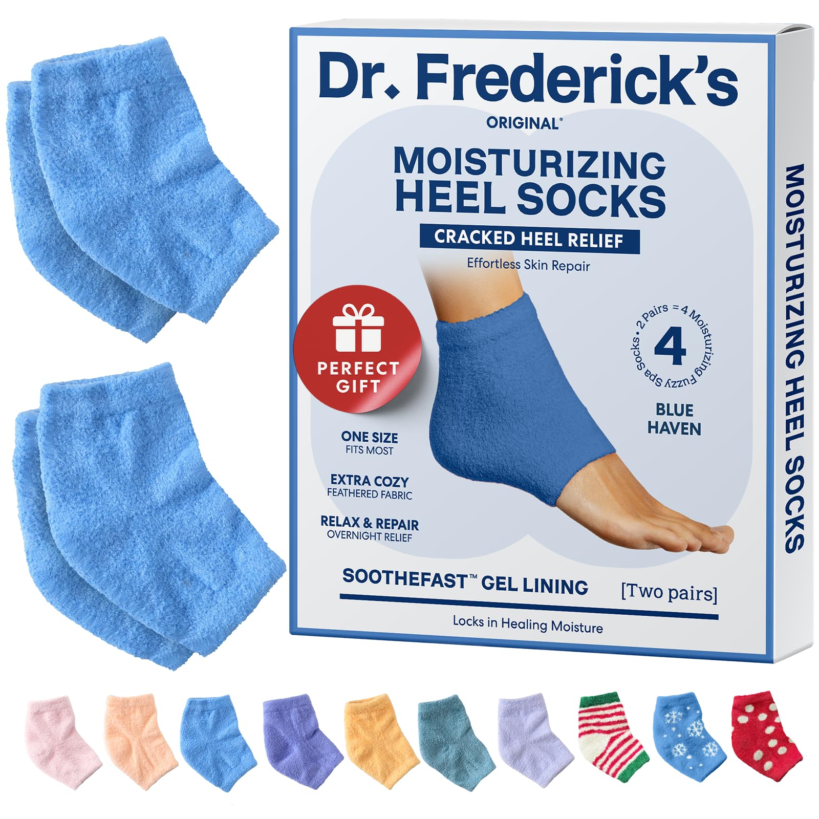 Dr. Frederick's Original Moisturizing Fuzzy Heel Socks - 2 Pairs - Cozy Gel-Lined Sleep Socks for Women & Men - Soothes Dry, Cracked Feet - Heel Repair - Blue Haven