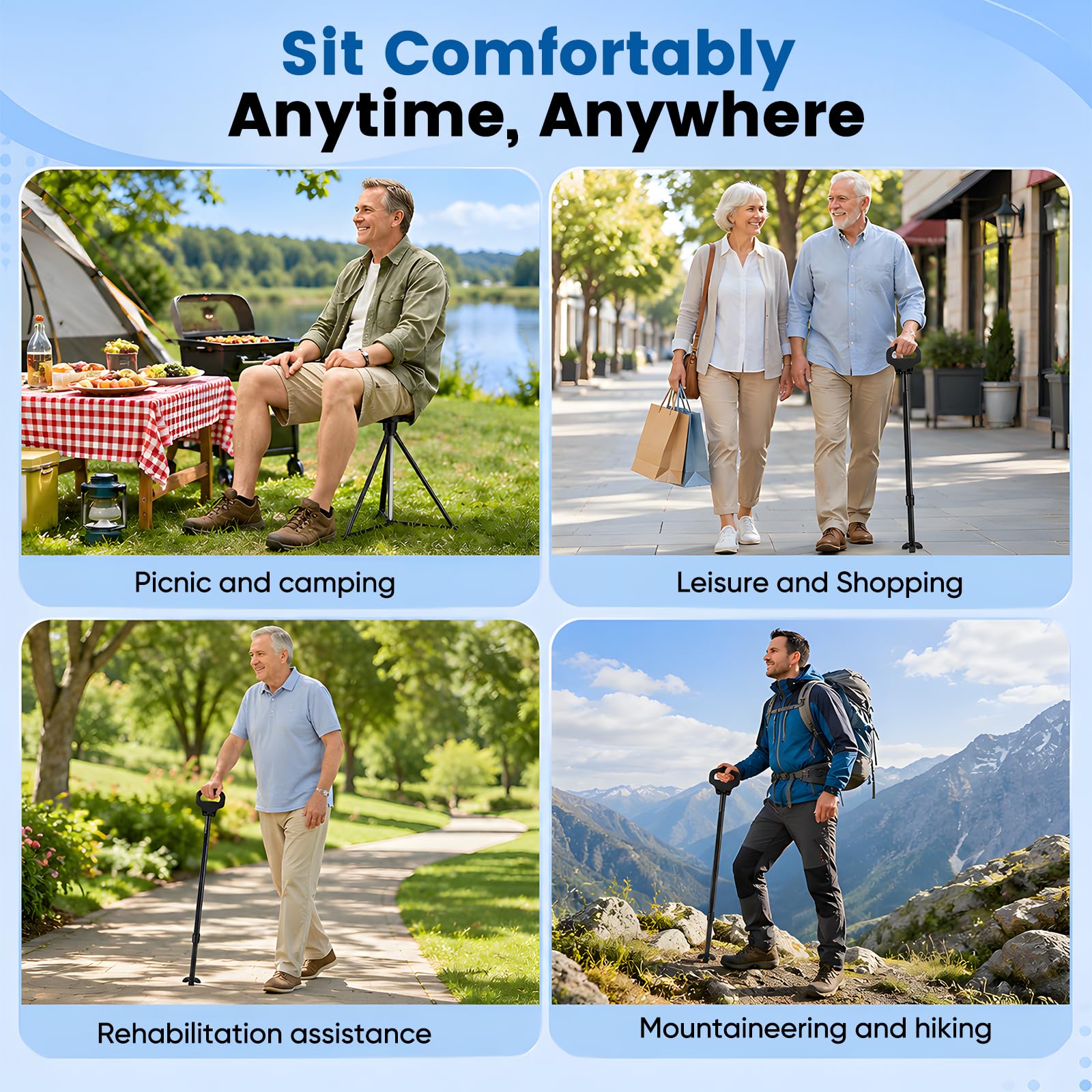 Bastón ragbarer con cojín, andador para personas mayores con bolsa de transporte, bastón de senderismo con asiento, plegable, asiento de bastón de viaje al aire libre para adultos, personas mayores