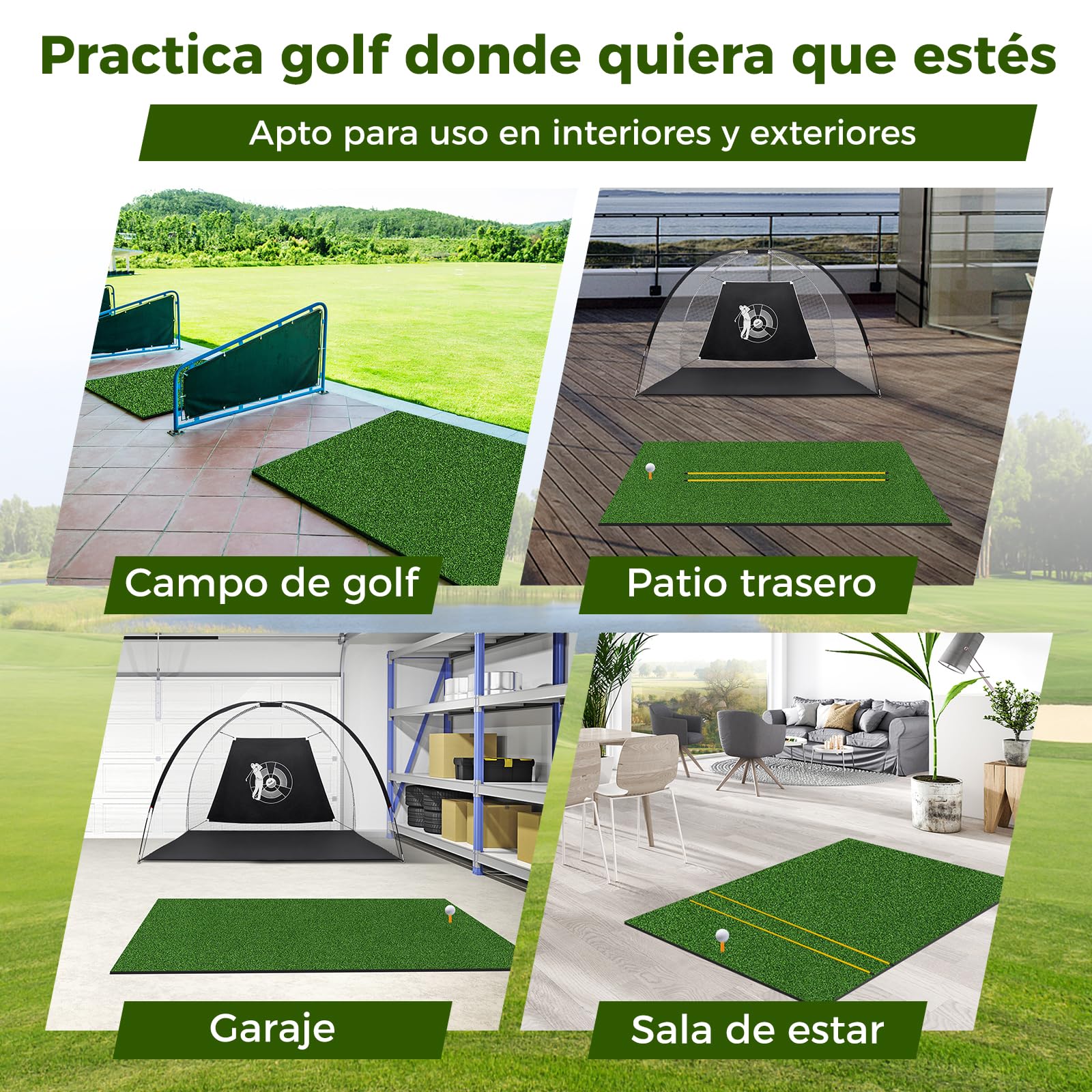 COSTWAY Tapete de Golf 1,5x0,9m, Alfombrilla de Césped Sintético 3 en 1, 2 Tees/2 Palos de Alineación/6uds, Alfombra de Práctica de Golf Uso Interno y Externo