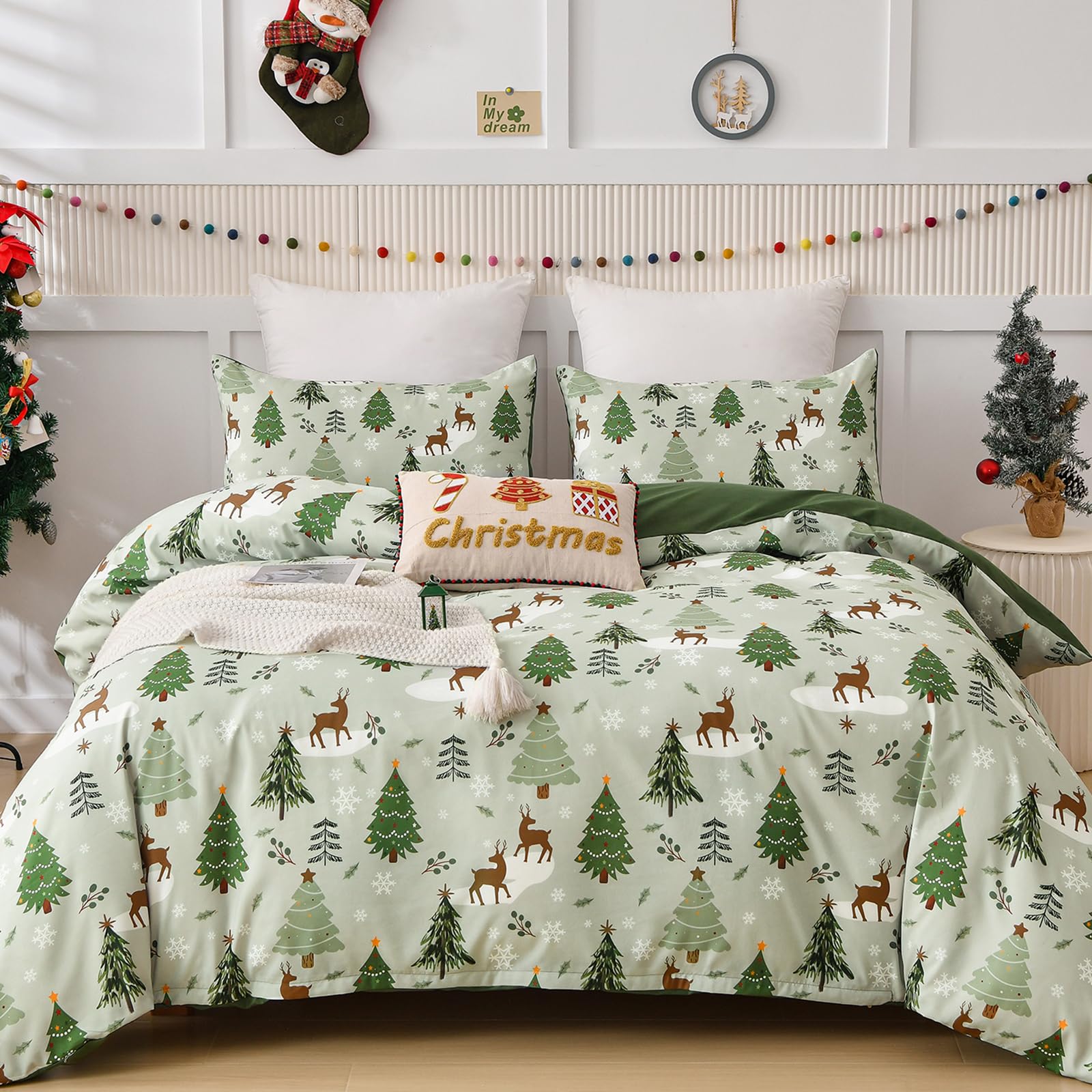 Mybedsoul Christmas Duvet Cover Set Queen, Christmas Tree Pattern Comforter Cover Set 3 Pieces Elk Snowflakes Duvet Cover with Pillow Case Festival Bedding Set 90"x 90"(Not Comforter)-image-30