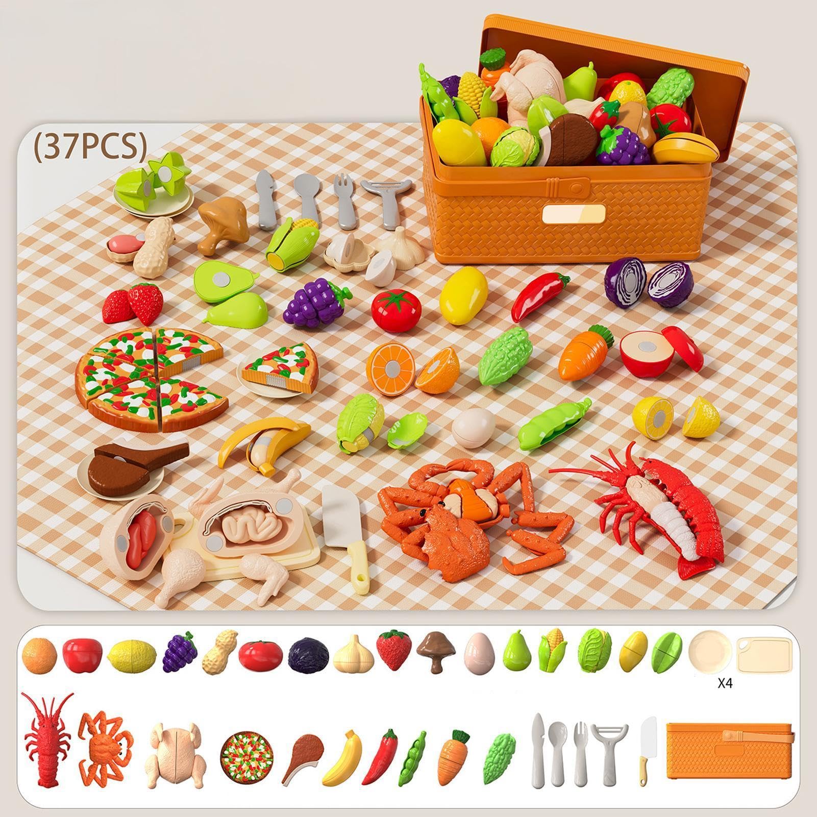 Set di alimenti da gioco per bambini, per l'apprendimento prescolare con cestino, giocattolo per bambini, per casa, compleanno, attività prescolari, feste, ragazze e età compresa tra 3 e 5 anni