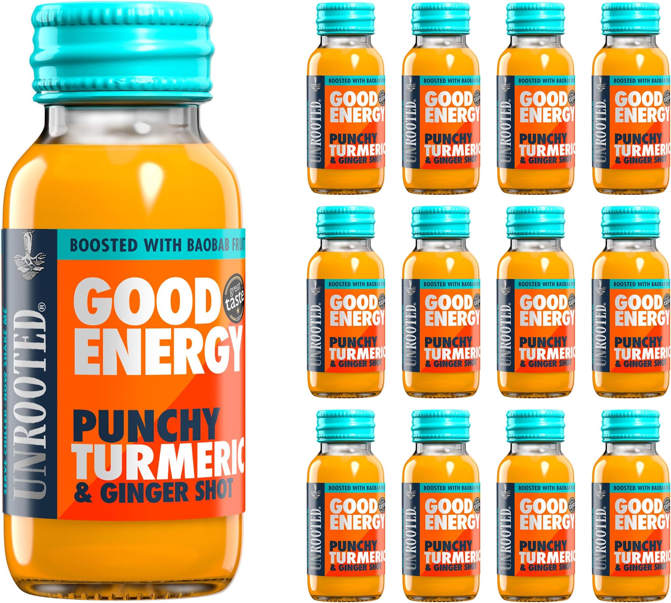 UNROOTED GOOD ENERGY Punchy Turmeric, Ginger & Baobab Health Shots - For Immunity, Anti Inflammation and Natural Energy, High in vitamin C, Caffeine free, Daily Shot Multipack 12 x 60ml Bottles