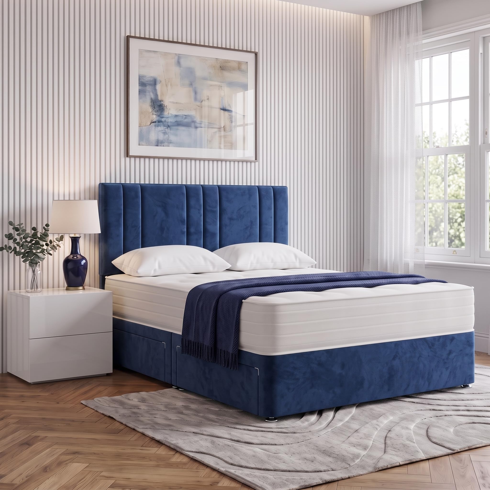 Tokyo 4ft6 Double Divan Bed with Orthopaedic Mattress | No Drawers | Blue