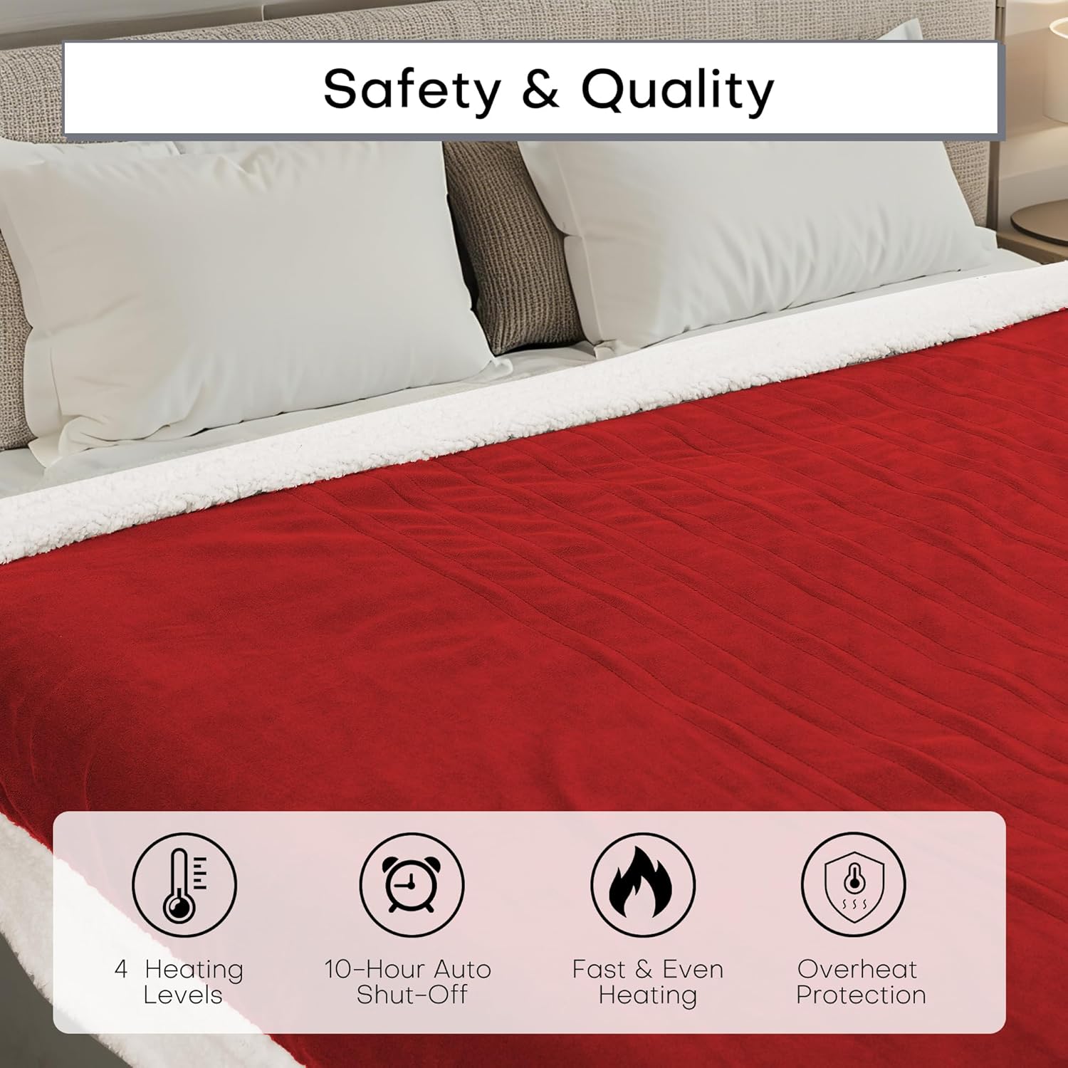 Electric Heated Blanket Twin Size 62"x84" - Dual-Sided with Microplush & Sherpa Fabric, 4 Heat Settings & 10 Hours Auto Off, Machine Washable - Red - Image 7