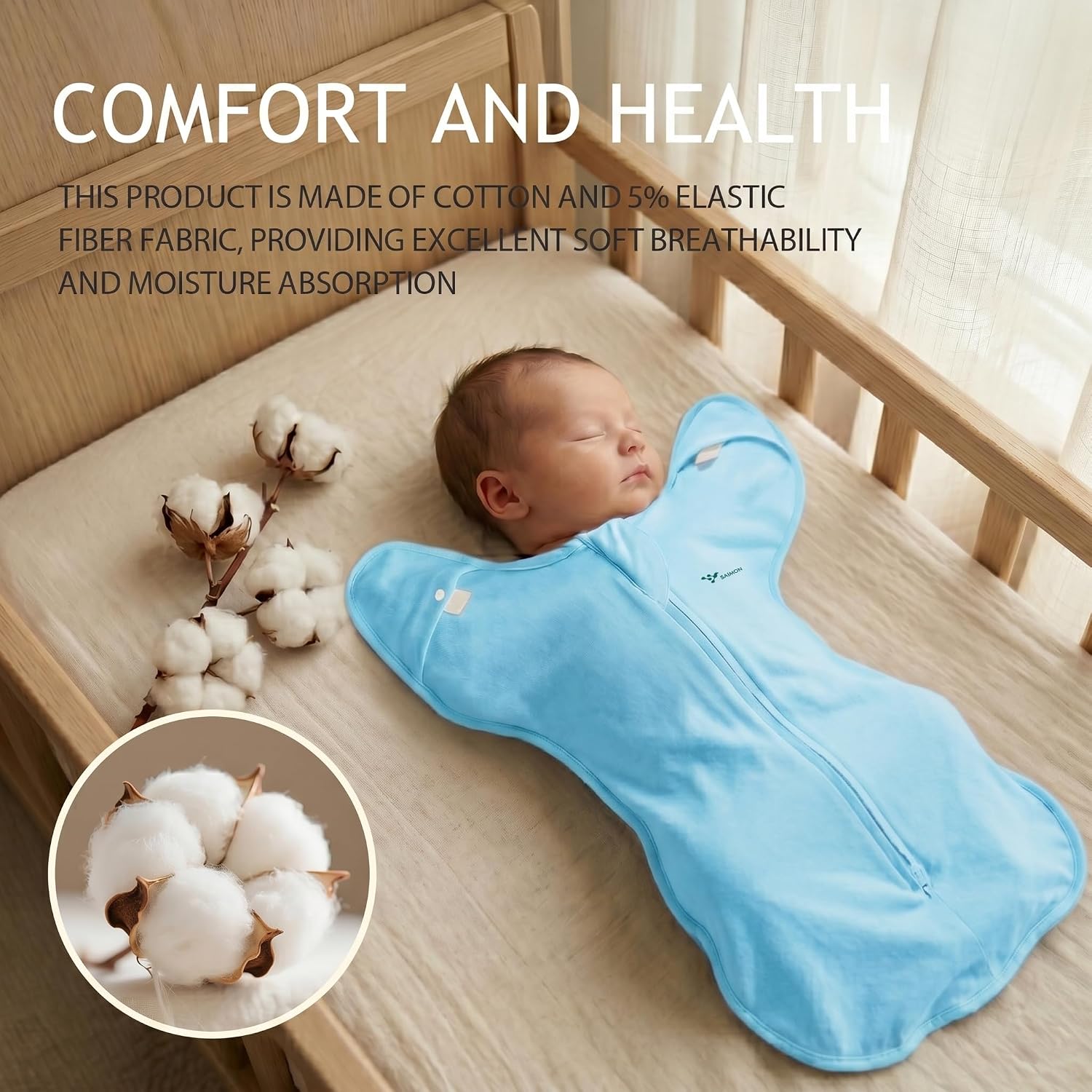 SAIMON Arms Up Baby Sleep Sack & Newborn Swaddle, Self-Soothing Wearable Blanket, 2-Way Zipper, Calms Startle Reflex, Soft Cotton,Light Blue,Small(8-13 lbs)