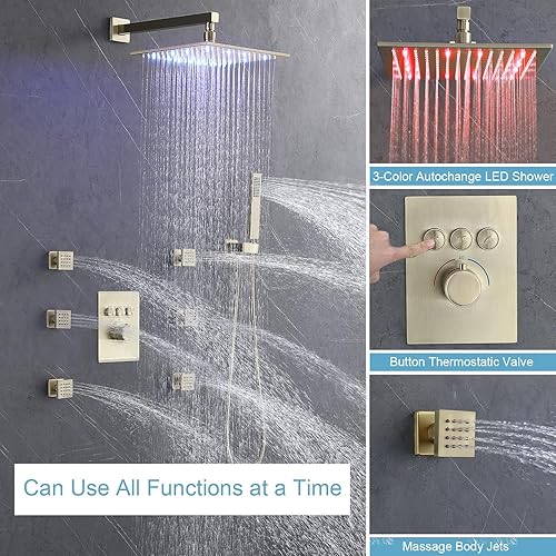 Miniatura 37 de Enga Sistema de chorros de ducha termostáticos (puede utilizar todas las funciones a la vez), cabezal de ducha LED de lluvia de 12 pulgadas montado