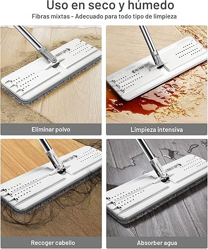 Vista 7 de JOYMOOP Trapeador y cubo con juego de escurridor, trapeador de piso plano manos libres y cubo, con 3 almohadillas de microfibra lavables, uso húmedo