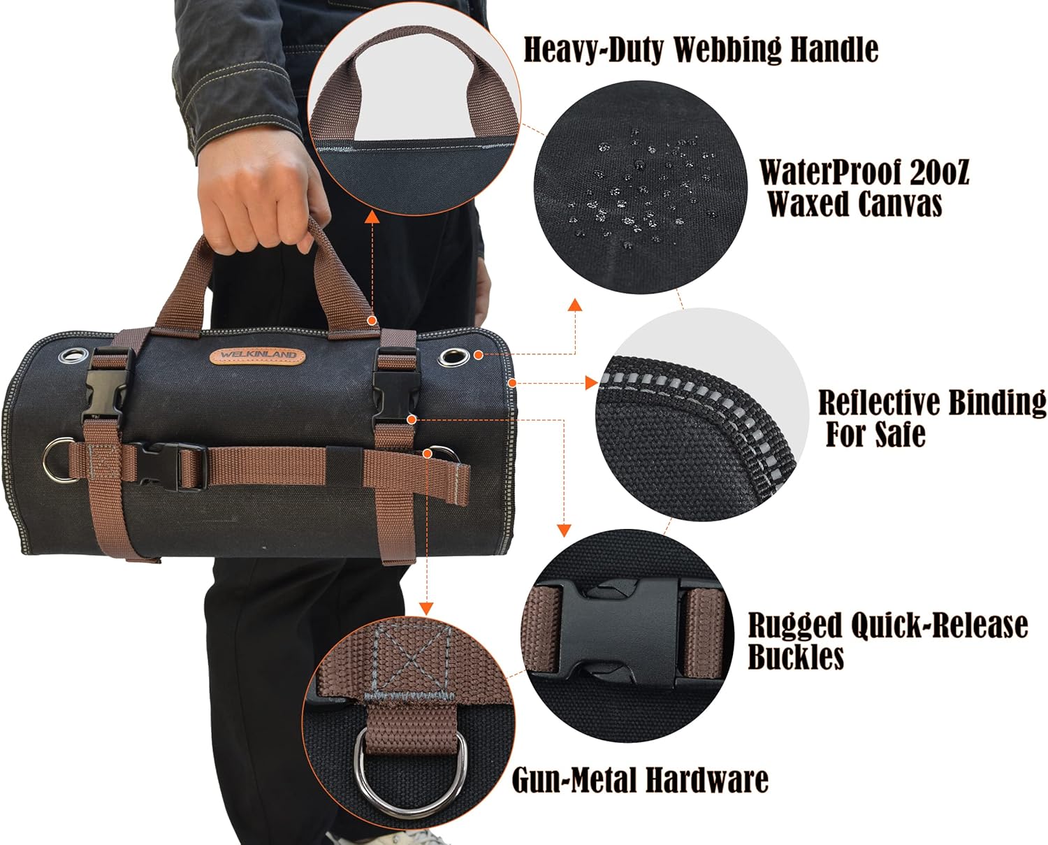 WELKINLAND Heavy-Duty Waxed Canvas Tool roll, 15-Pockets Tool Wrap Roll, 15L Tool Up Roll Bags, Tool Bag Roll, Tool roll organizer, Roll up tool bag organizer - Image 9