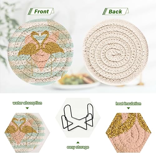 Miniatura 4 de Coasters Set with Holder 6 Pack Drink Coasters for Tabletop Protection Minimalist Coasters Posavasos para Mesa Creativity Card Gold Glitter Flamingo
