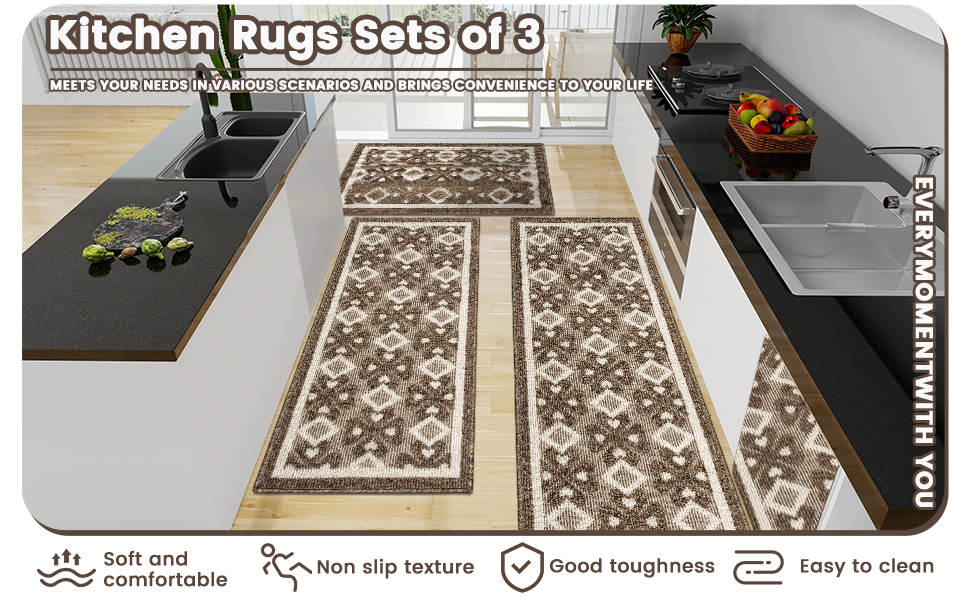 Farmhouse Kitchen Rugs Set Of 3 – Non-Slip, Washable, Boho Style Mats For Sink & Hallways - View #2