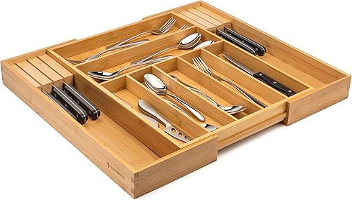 Miniatura 5 de Purawood - Organizador grande prémium de bambú para cubiertos, con bloques de cuchillos, con separadores de cajones para cubiertos de cocina (7-9