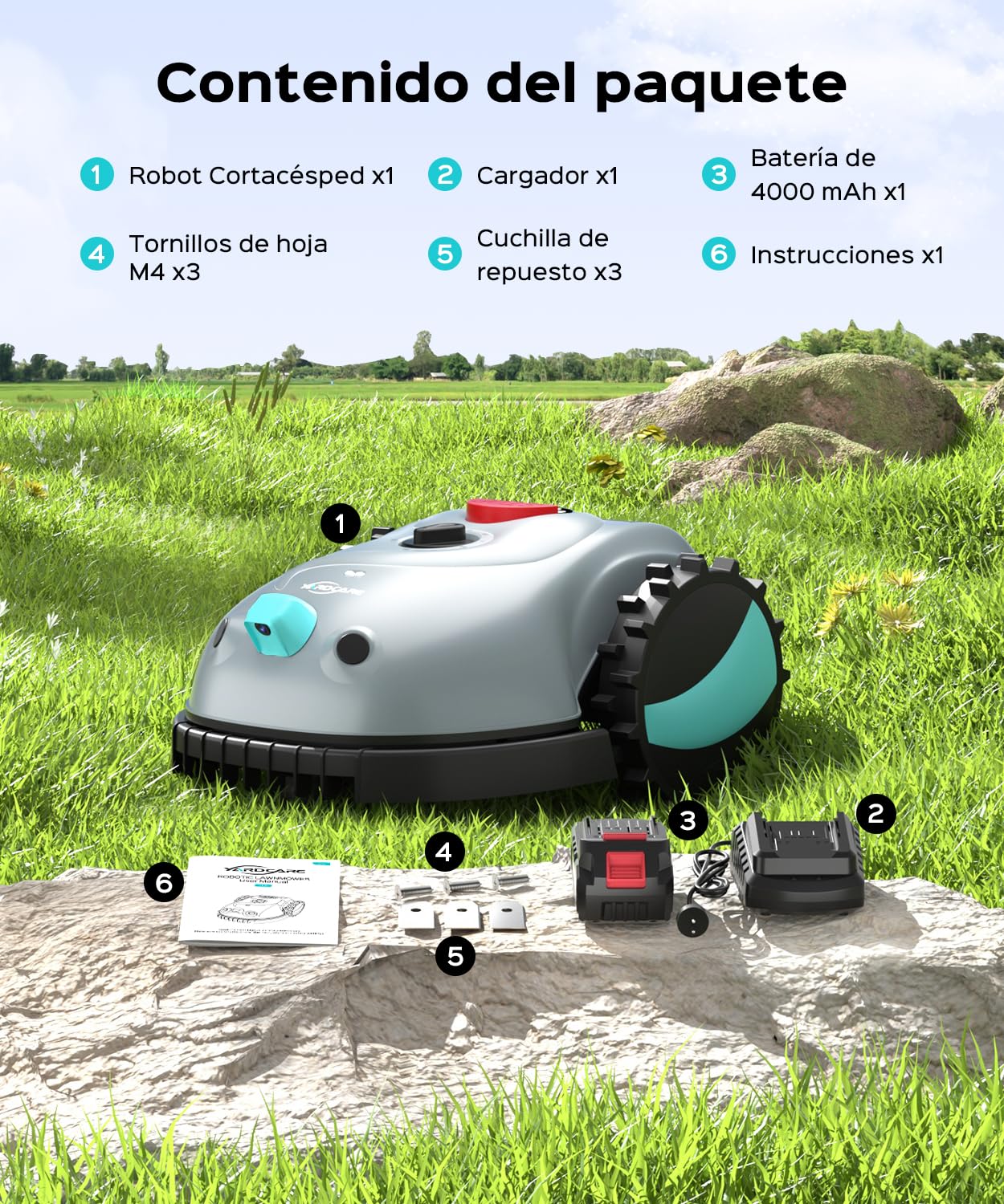 YARDCARE V100 Robot Cortacésped eléctrico con Navegación por Visión, Corte en Espiral, Detección de 150 Obstáculos, Robot Cortacésped Bateria hasta 150m², Robot Cortacesped con Cuchillas de Repuesto