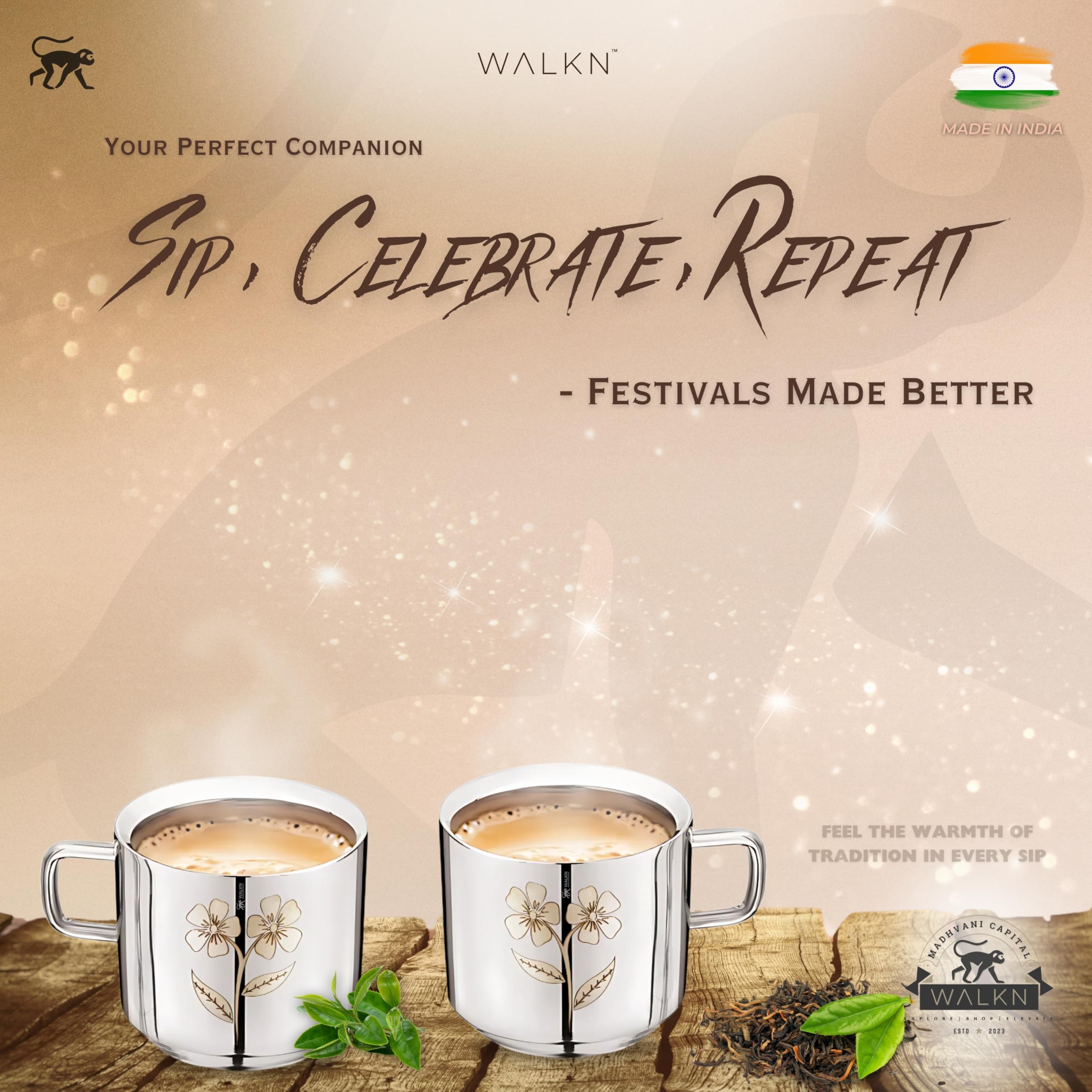 WALKN Floral Tea Cups - Set of 6 Stainless Steel -6