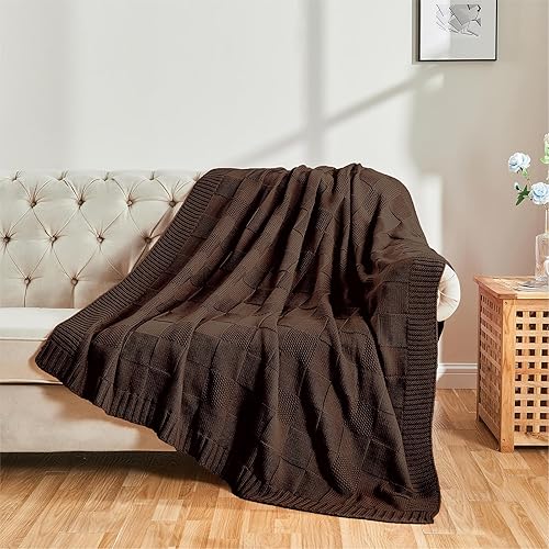 Miniatura 4 de CozeCube Manta de punto marrón, manta de punto suave y acogedora para sofá, cama, sofá, sala de estar, manta decorativa de primavera y otoño, 50 x