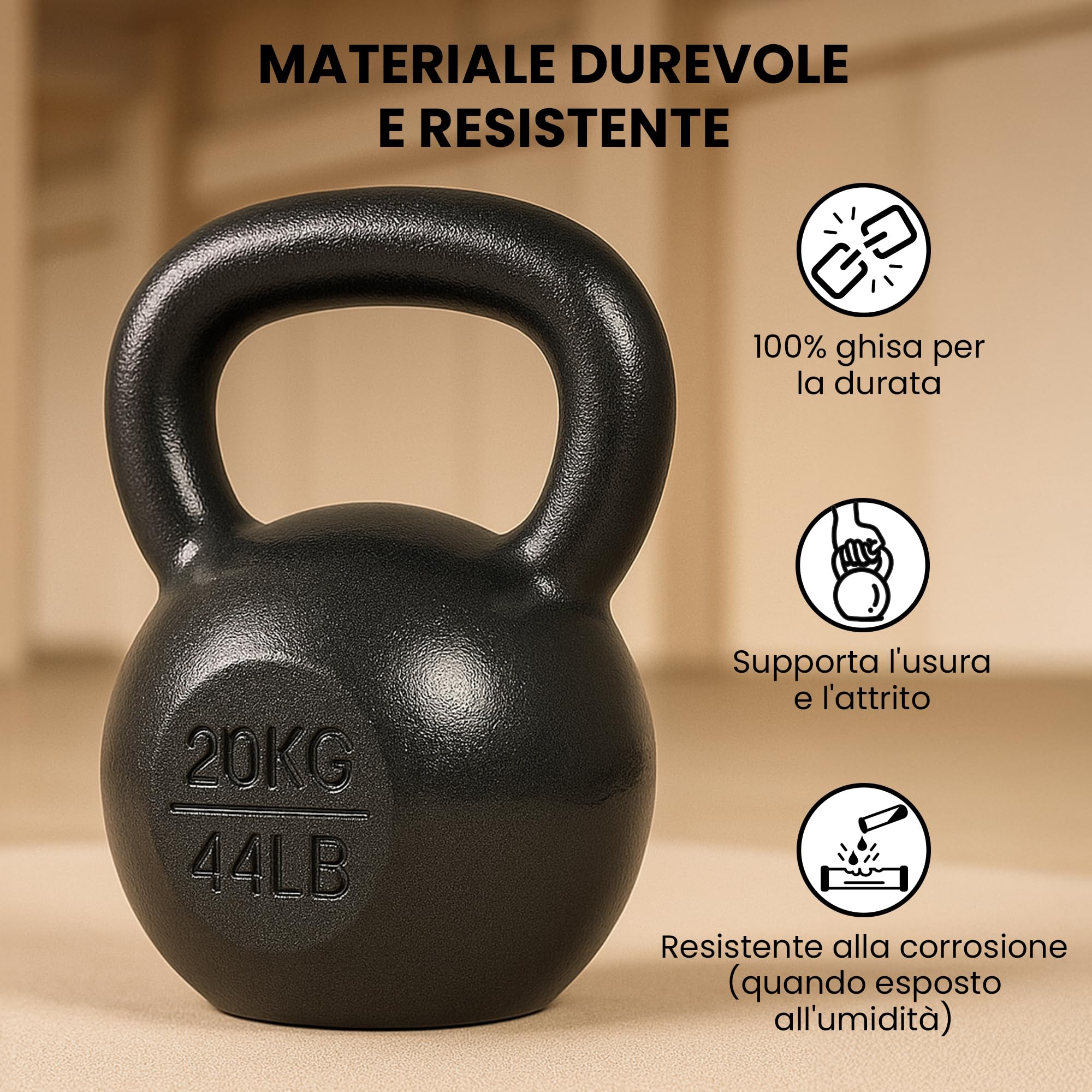 unycos - Kettlebell 20 kg in Ghisa con Rivestimento Resistente, Peso con Impugnatura Ergonomica Antiscivolo, Compatto e Facile da Trasportare per Palestra, Fitness, Bodybuilding, Muscoli (Nero)
