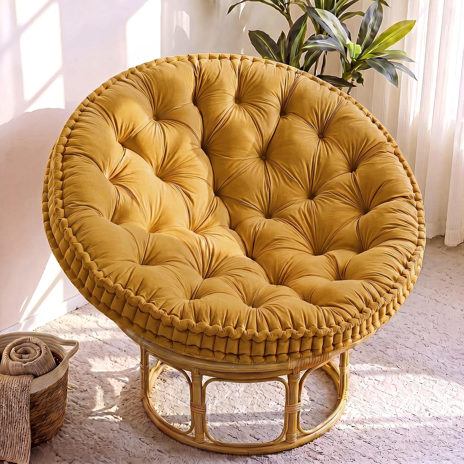Novabright Papasan Chair Cushion with Velvet Cover Circle, Yellow