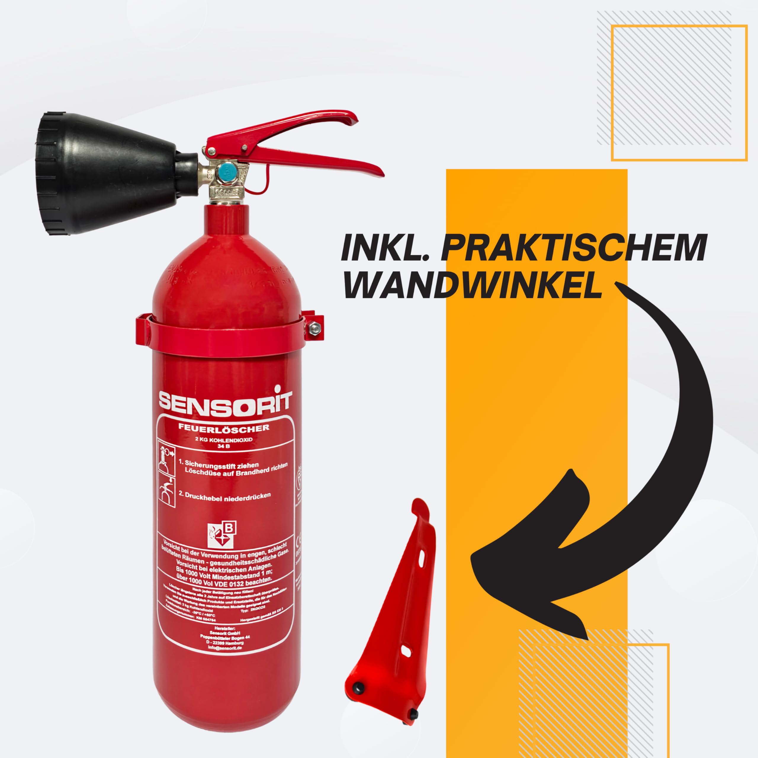 CO2 Feuerlöscher, 2kg Kohlendioxid, Löscher für elektrische Anlagen & EDV nach DIN EN 3 inkl. Instandhaltungsschild und Wandhalter