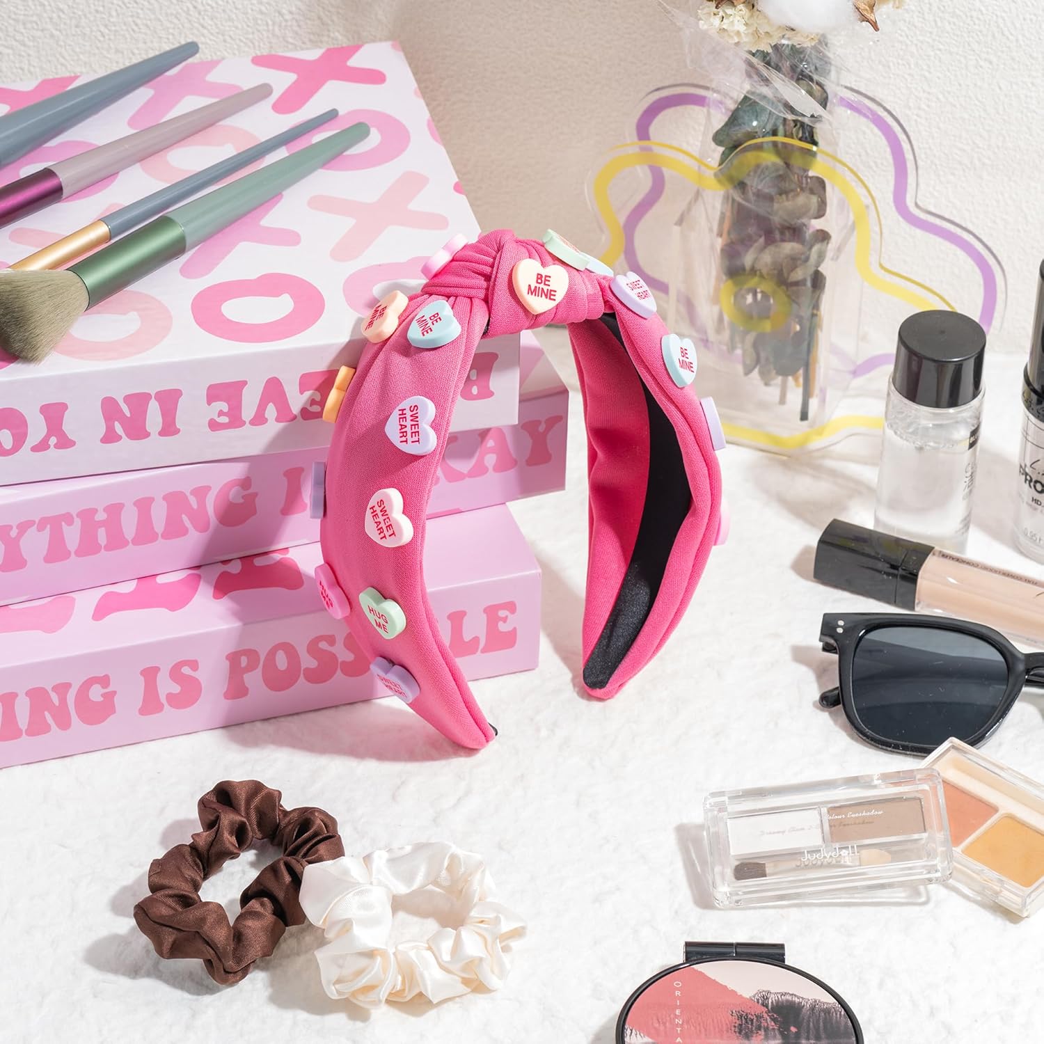 PANTIDE Valentine's Day Conversation Heart Knotted Headband - Love Candy Embellished Headband Non Slip Wide Top Knot Fashion Hairband Hair Accessories Birthday Gift for Women Girls (Hot Pink) - Image 4