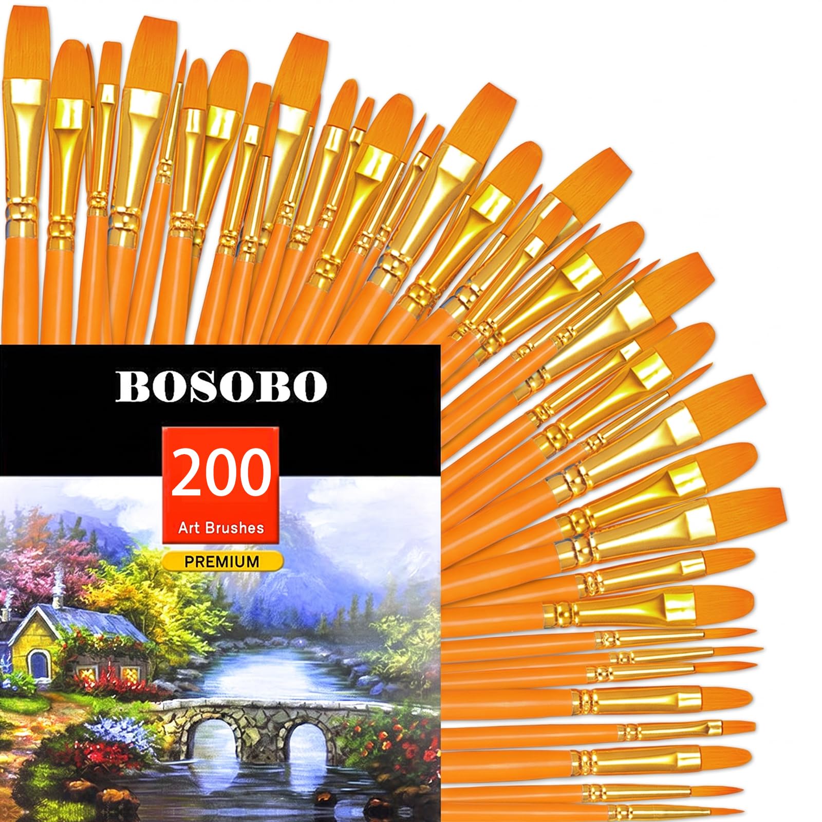 BOSOBO Assorted Nylon Acrylic Artist Paint Brushes Set,Orange,200 Pcs