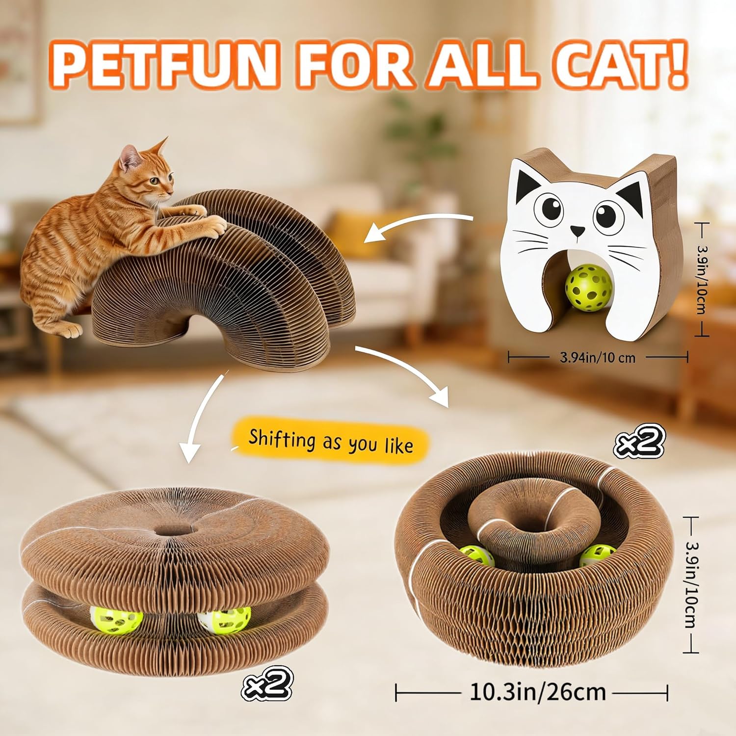 Twisty Paws Cat Toy - 2 Pack Magic Organ Kitty Curl Scratcher, Interactive Magnetic Cardboard Shape Shifting, Reversible Accordion Kurlz Board with Bell-Ball for Indoor Cats