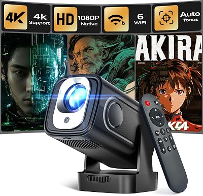 Alwtniet HY310 Mini Beamer 4K Unterstützt, 1080P Mini Projektor mit Autofokus & Automatische Trapezkorrektur, WiFi 6 Bluetooth 5.4, 5W Lautsprecher, 180° Drehbar Android Heimkino Beamer für Smartphone