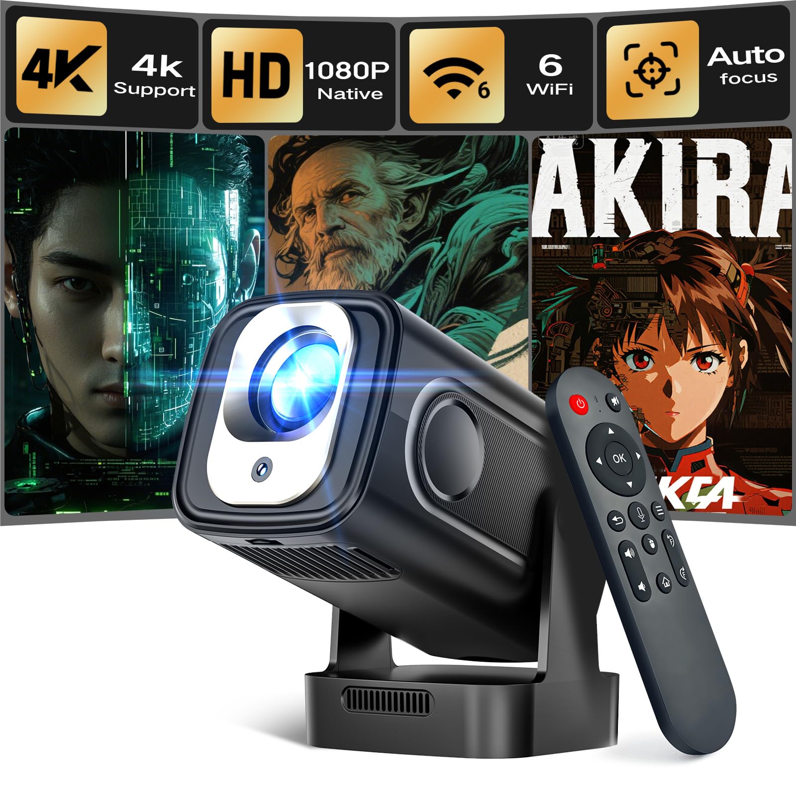 Alwtniet Proiettore 4K, 1080P Proiettore Portatile Android WiFi 6 BT 5.4, 260ANSI, Messa Fuoco Automatica Correzione Trapezoidale, Rotazione 180°, Mini Projector Compatibile con HDMI/USB HY310
