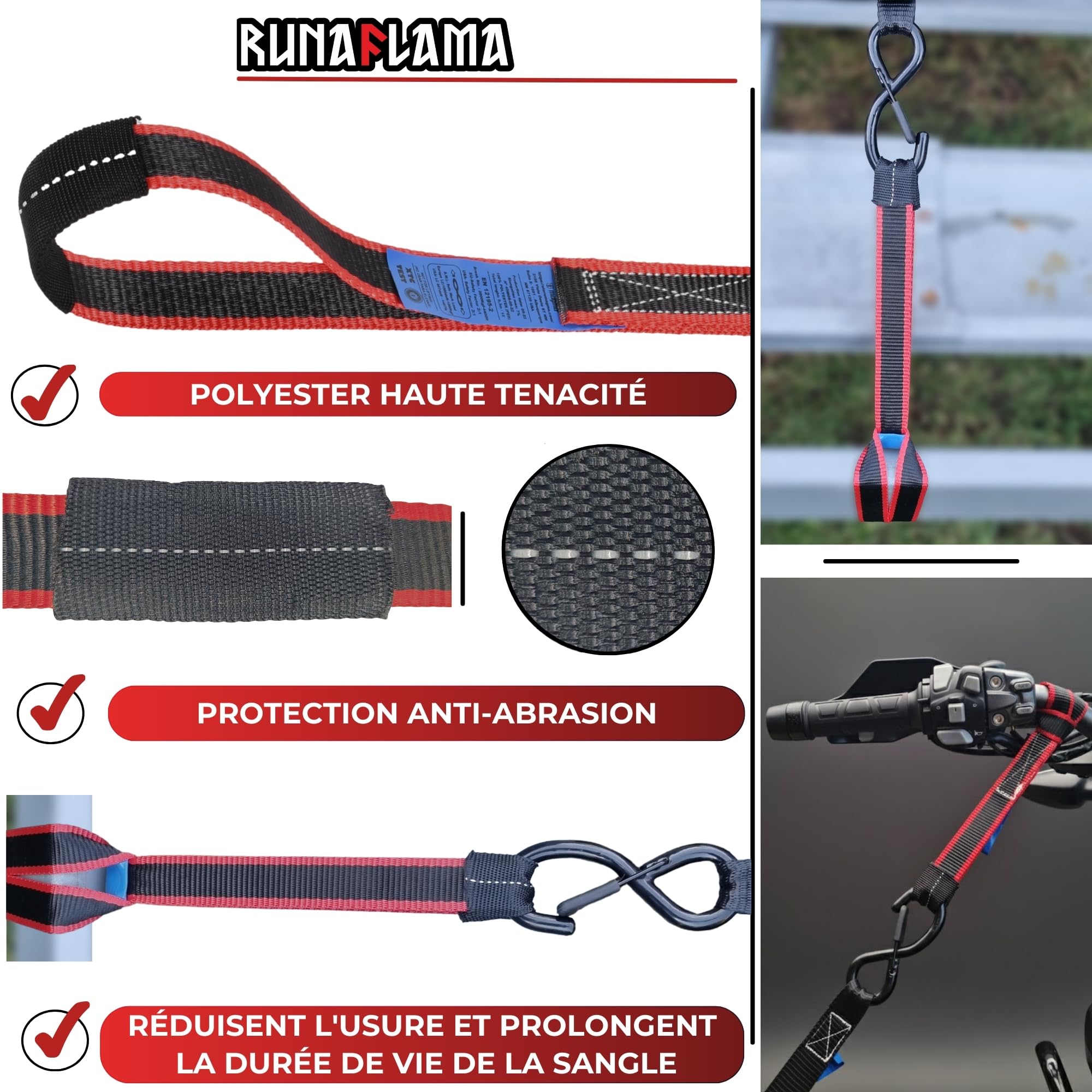 Sangles d'Arrimage Moto Remorque - Petite Sangle Moto pour Guidon, Cadre, Anneau Arrimage - Résistance 2400 kgf - Lot de 4 (2 x 30 cm + 2 x 45 cm) Noir avec Sac + Bande Auto-Agrippante - 4