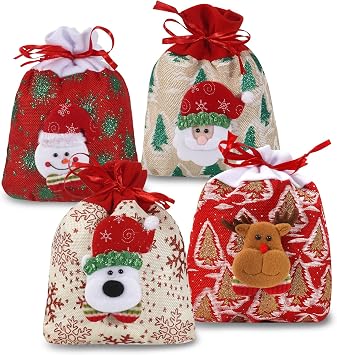 SHANGRLA Christmas Drawstring Doll Gift Bags with Snowman, Reindeer, Santa, Bear Designs | Cute Xmas Cloth Giftbags for Kids Presents Candy | Medium Size, Reusable 4 Pack.