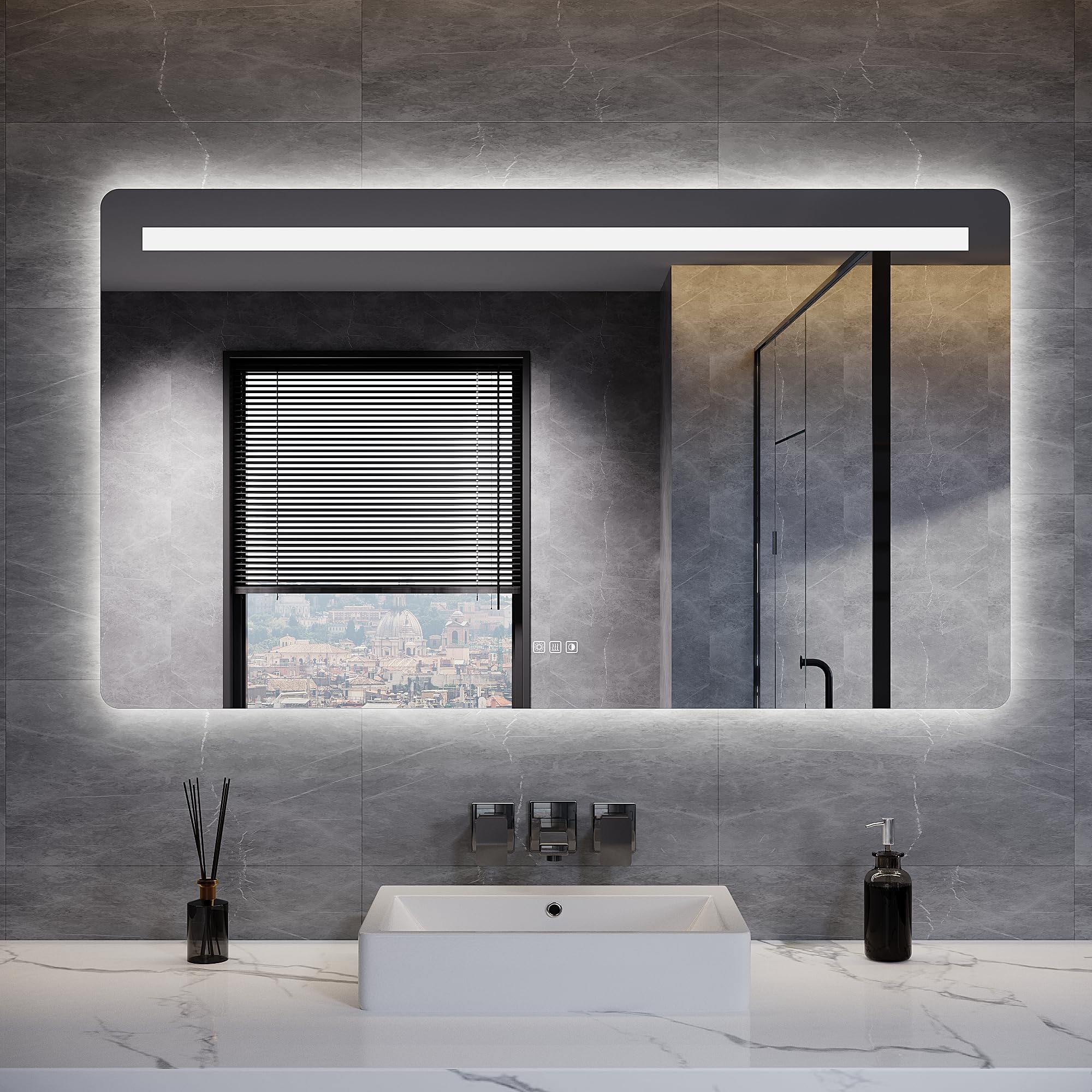 ELEGANT Bathroom Mirror with Shaver Socket, Illuminated Light Up Bathroom Mirror with Front Light, 3 Color Lighting, Dimmable, Anti-Fog, Touch Control & Memory Function, IP44, 1400x800 mm