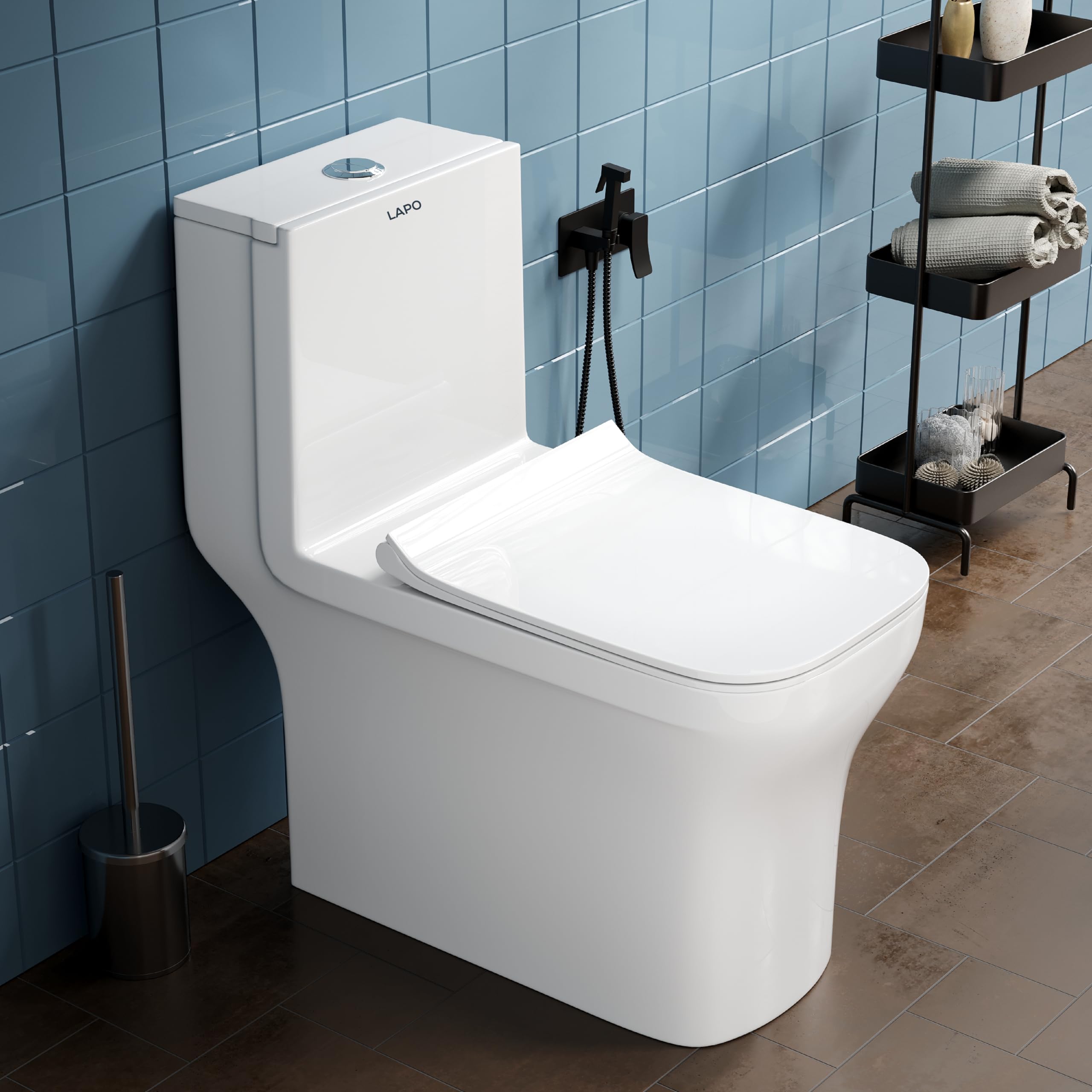 LAPO Premium Commodes for Toilet, S Trap 9 inch Outlet, One Piece Commode with Soft Close Toilet Seat, Ceramic One Piece Western Toilet with Rimless Washdown Flush (Scop, 7 Yrs Warranty) - White