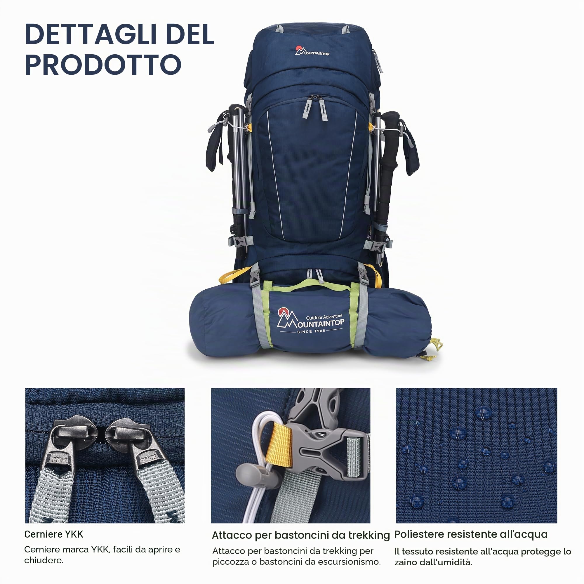 Mountaintop Zaino da trekking, 60 l, da uomo, donna, da viaggio, grande zaino con parapioggia, per attività all'aperto, viaggi, campeggio, trekking