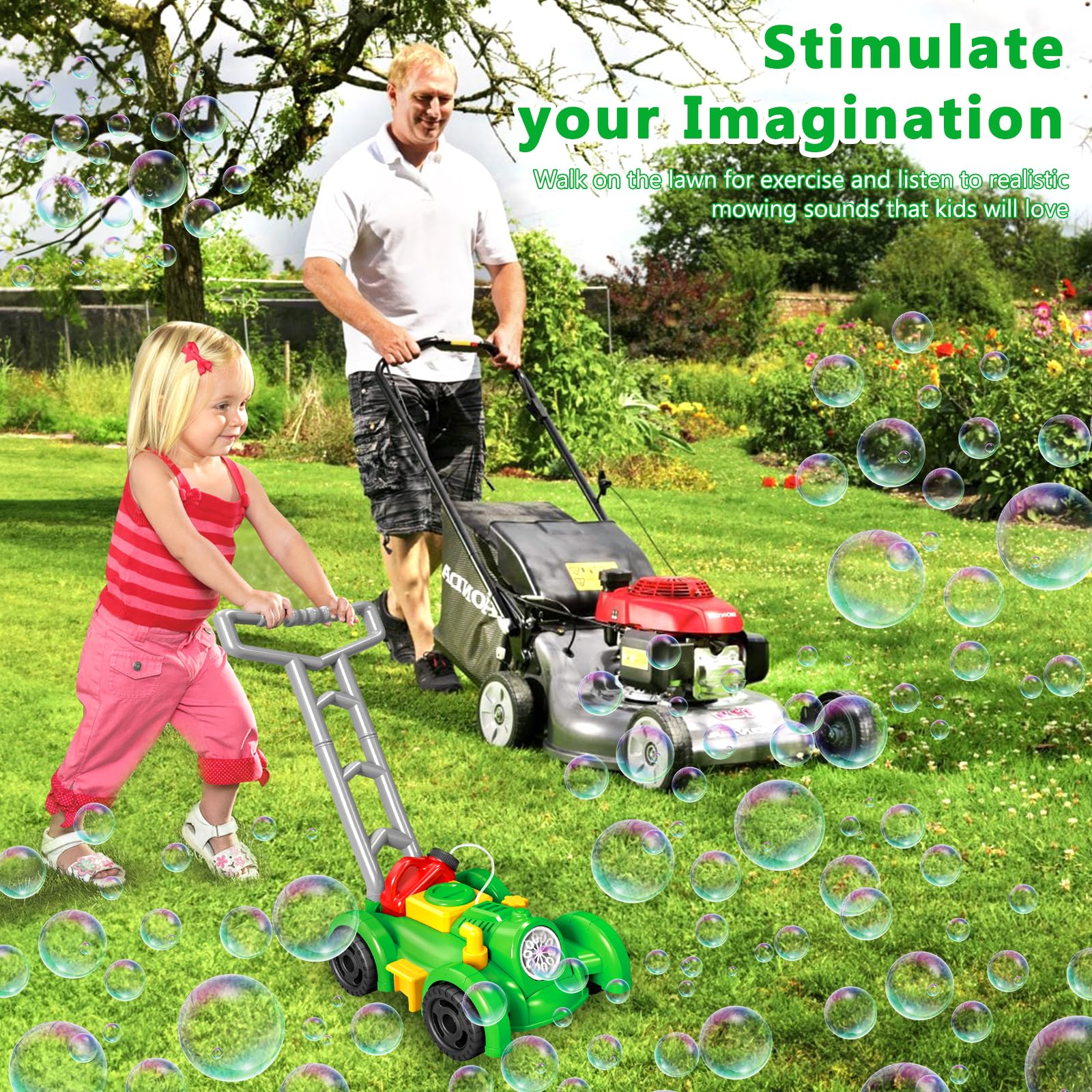 Maquina Pompas Jabon, Cortacesped Juguete Burbujas Jardin, Maquina Burbujas Automatico, Juguetes Exterior para Niños Verano Fiesta, Regalos para Nayores de 3 4 5 Años (Verde)