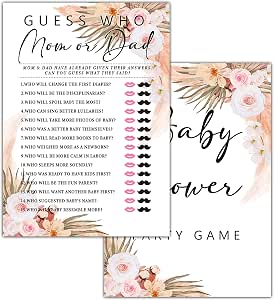 30 Boho Floral Baby Shower Game Cards (5x7) - Guess Who Mom Or Dad, Gender Neutral Games, Double-Sided