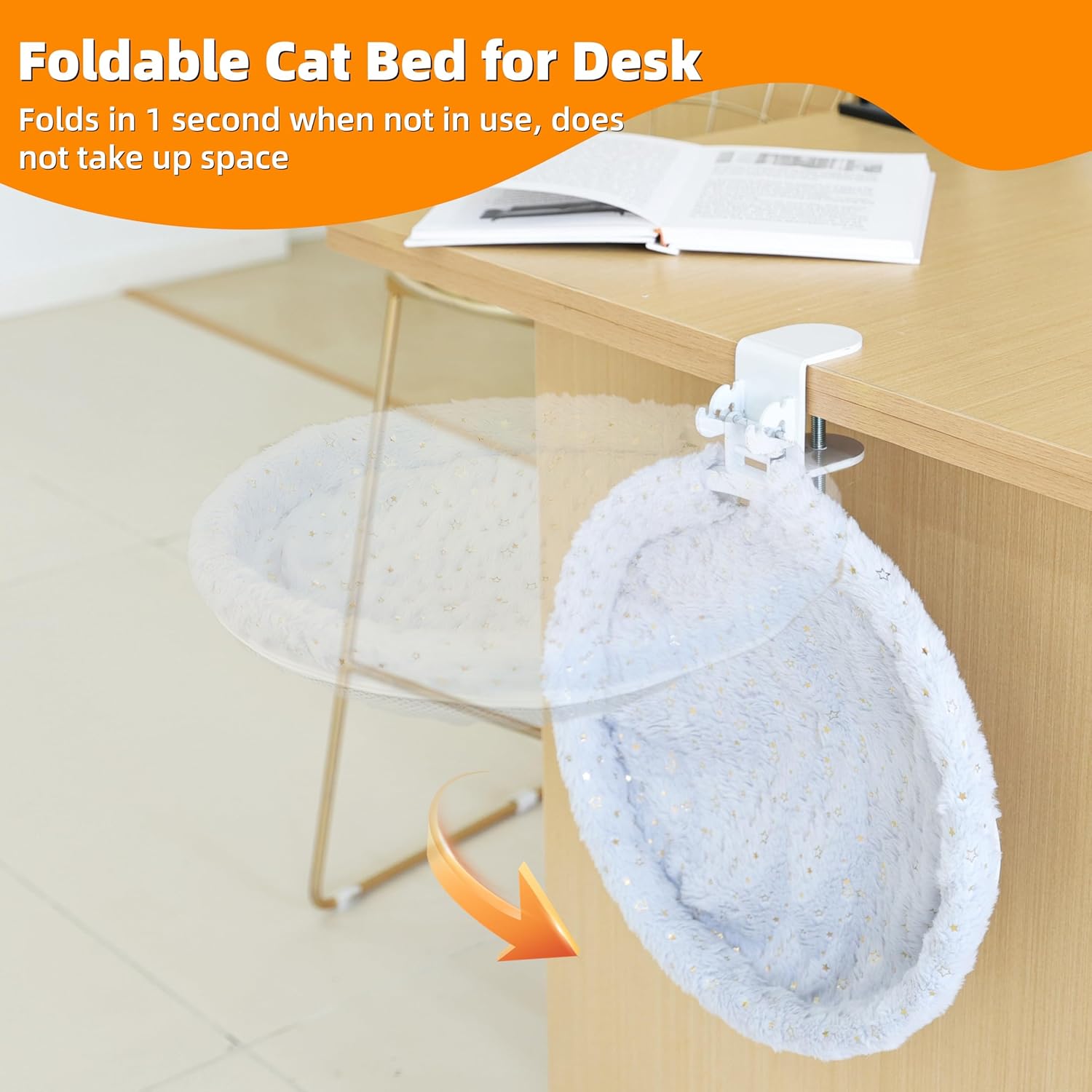 Cat Desk Bed, Cat Perch for Home Office, 360°Rotating & Adjustable Shelf, Removable Comfortable Soft Pet Nest Bed, Modern Unique Kitten Furniture Attachment for Game Tables (Grey)