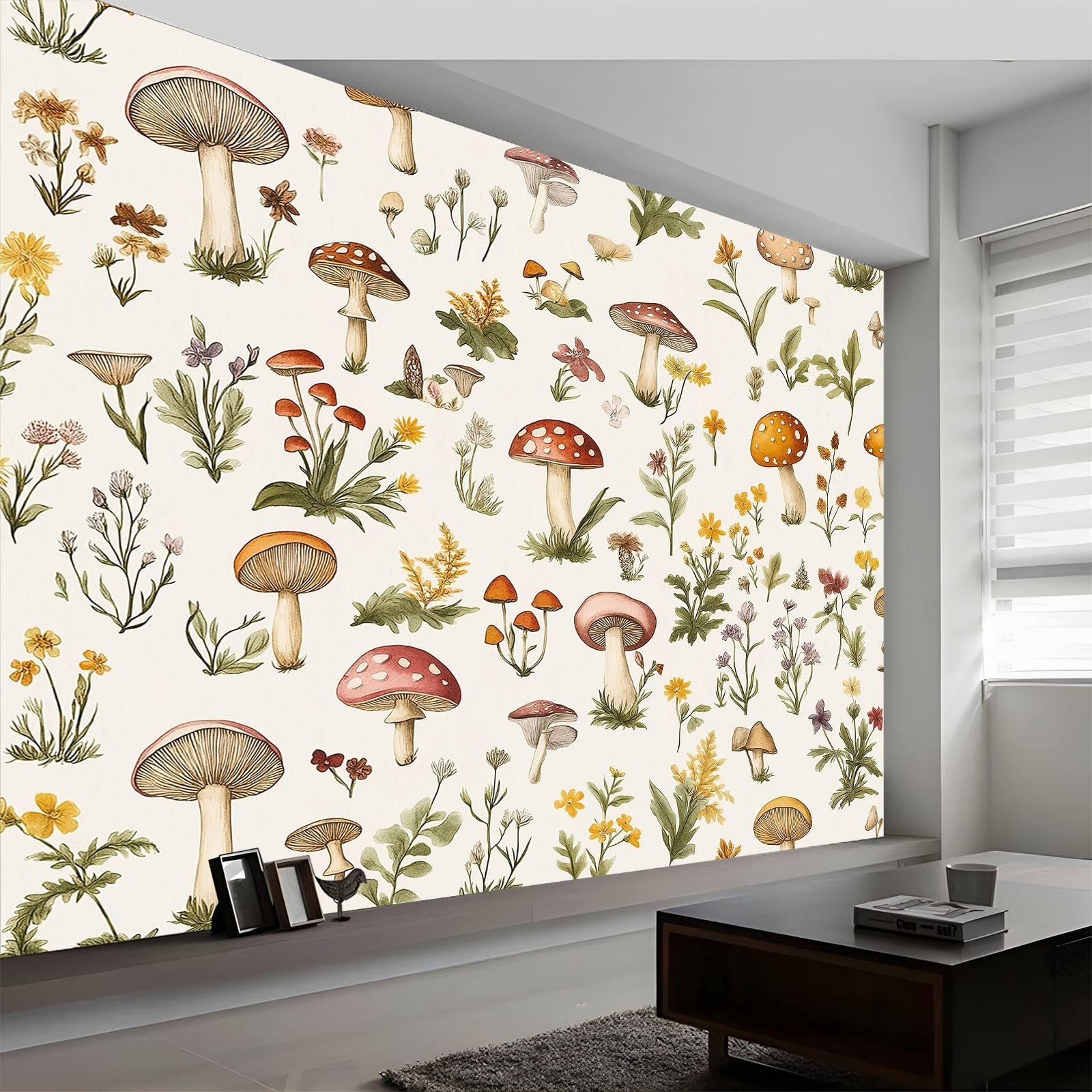 Niestandardowa fototapeta 3D, 250 x 175 cm, akwarela, kwiatowy wzór grzybów, mural, gruba włóknina ścienna, kremowa tapeta do salonu, tło telewizyjne