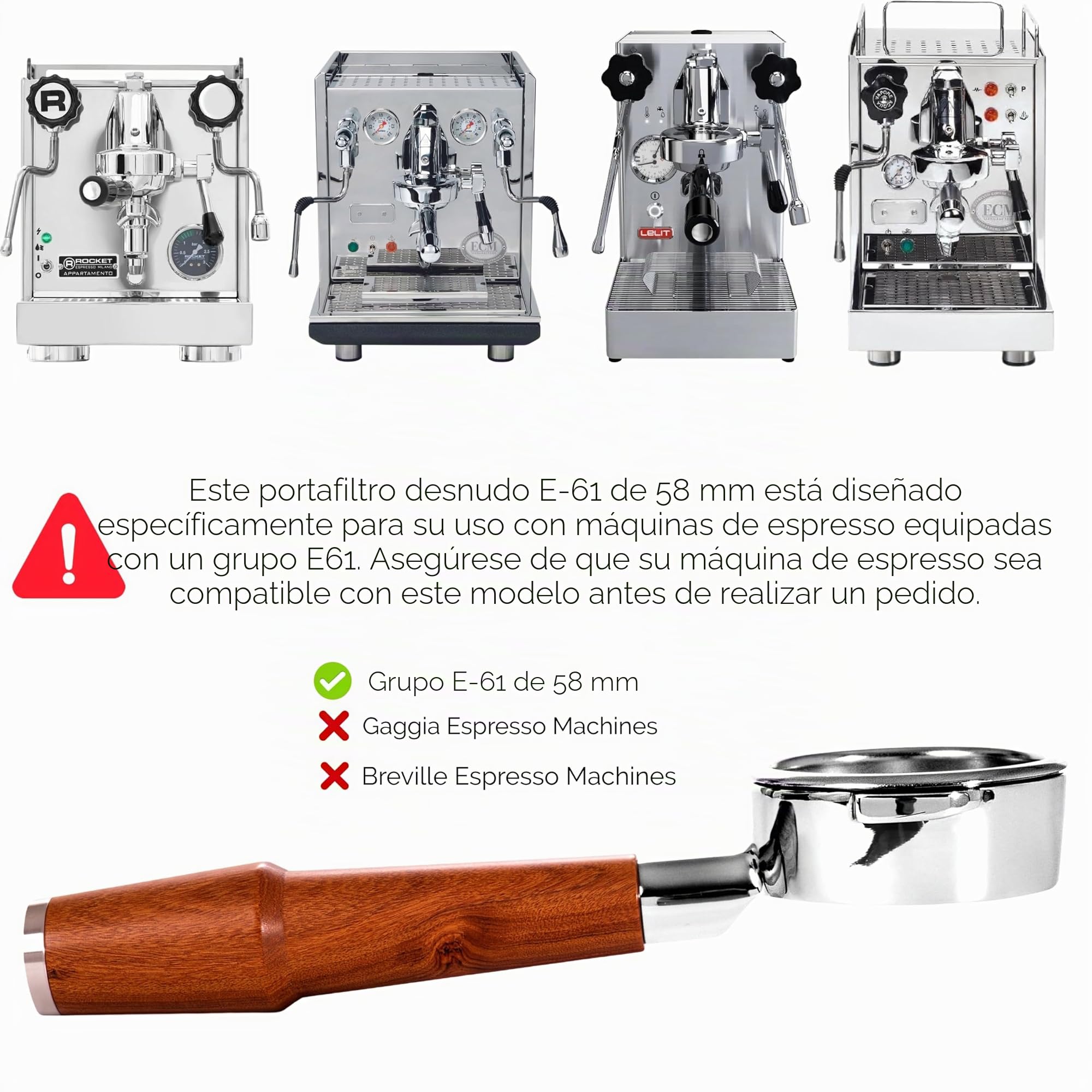 Portafiltro sin fondo 58 mm para cabeza E61 | Portafiltro profesional barista compatible con Lelit, Ascaso, Profitec, ECM, Rocket, Flair 58