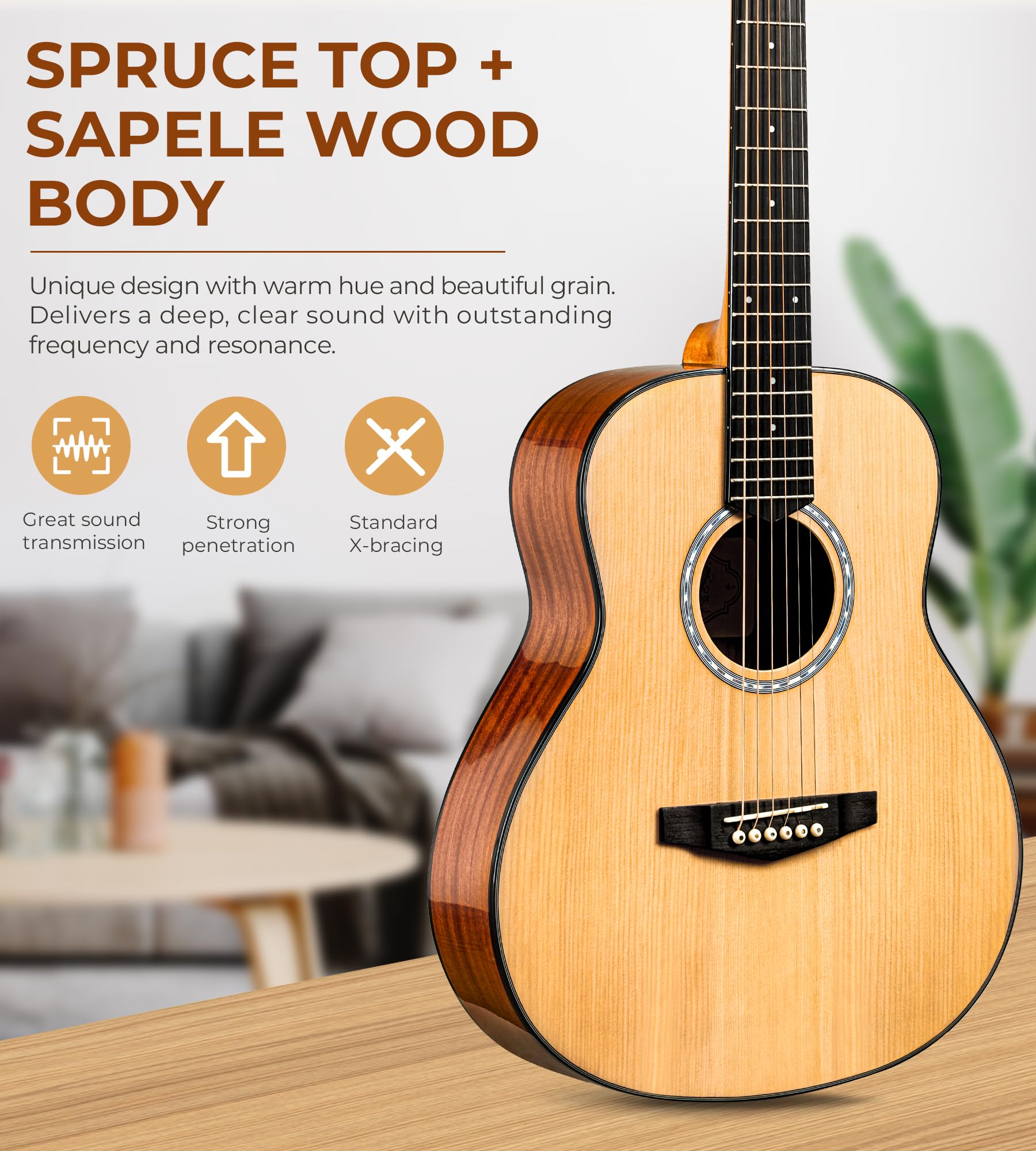 Vangoa Elektrische Akustikgitarre, Cutaway, 91,4 cm, 3/4 Reisegitarre, Fichtendecke, Bundle Kit mit Halsstab, Inbusschlüssel für Anfänger und Erwachsene, Natur