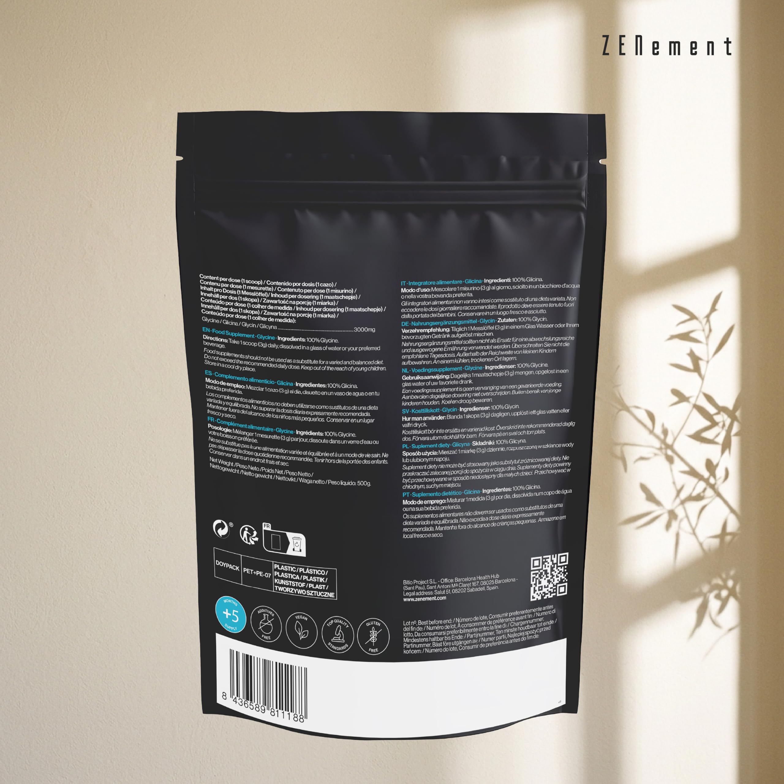 Glicyna Proszek 500g – 3000 mg/Dawka – 100% Czysty, Brak Dodatków – Zenement