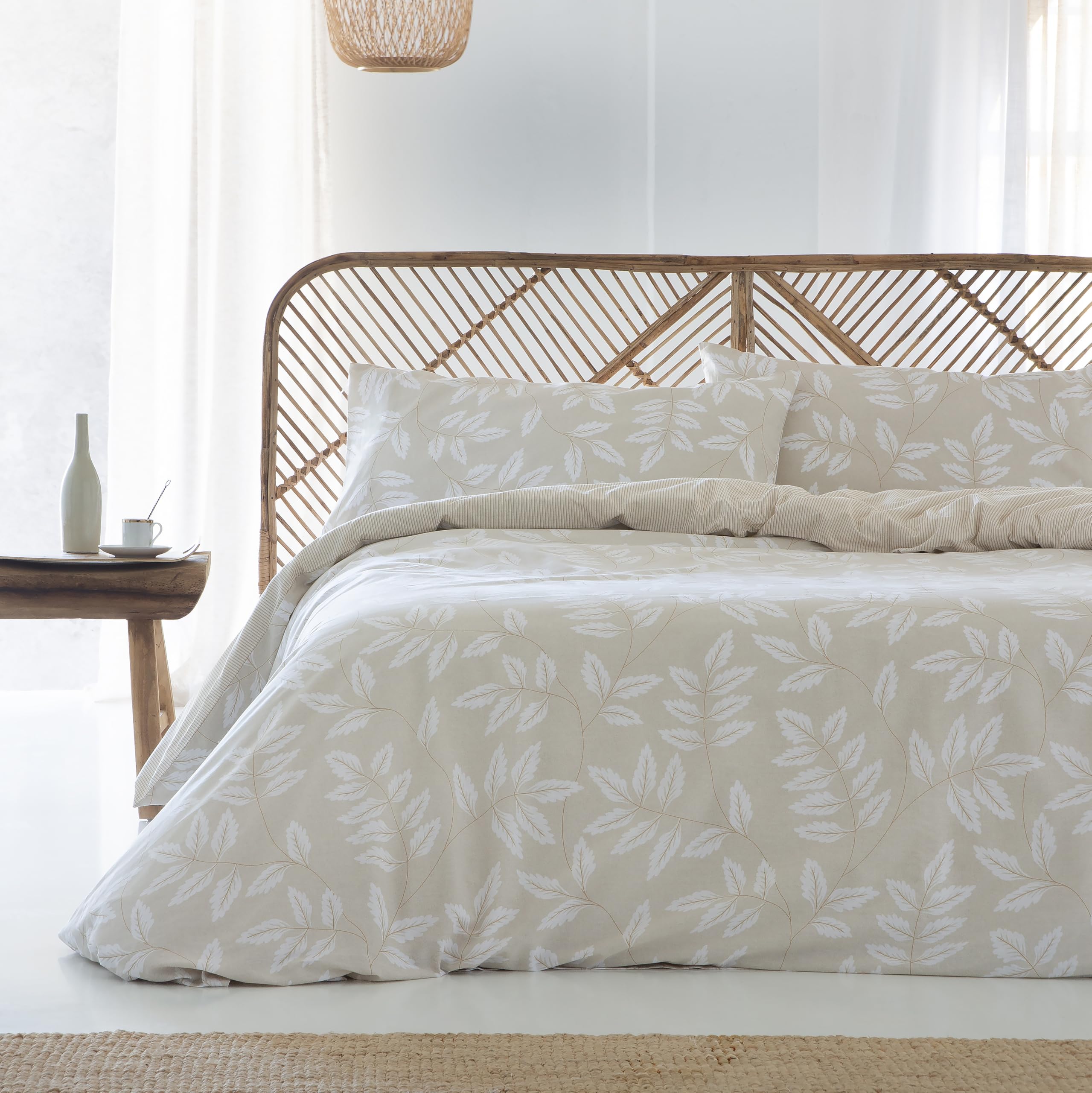 COTTON ARTean Funda nordica Cama 90 ALGODÓN ORGANICO BATAN Beige | Incluye 3 piezas: F. Edredón 150x220 + 1 F. de Almohada+ sábana bajera ajustable Cierre Botones. Certificado OEKO-TEX y GOTS