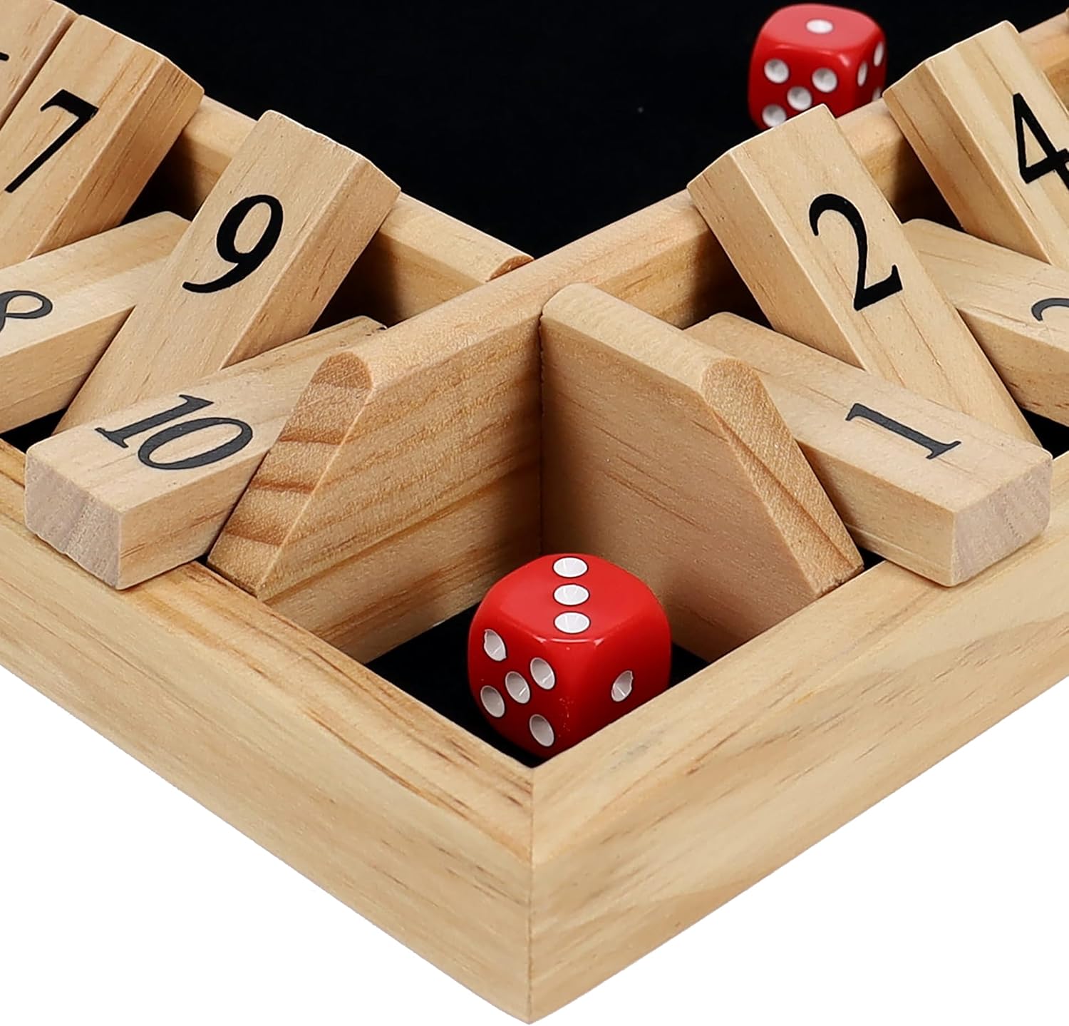 Pacific Shore Games Shut the Box Game 4 Player, Natural Wood, Dice Games, Wooden Board Games for Adults, 10 Number Tiles, 12 inch Board