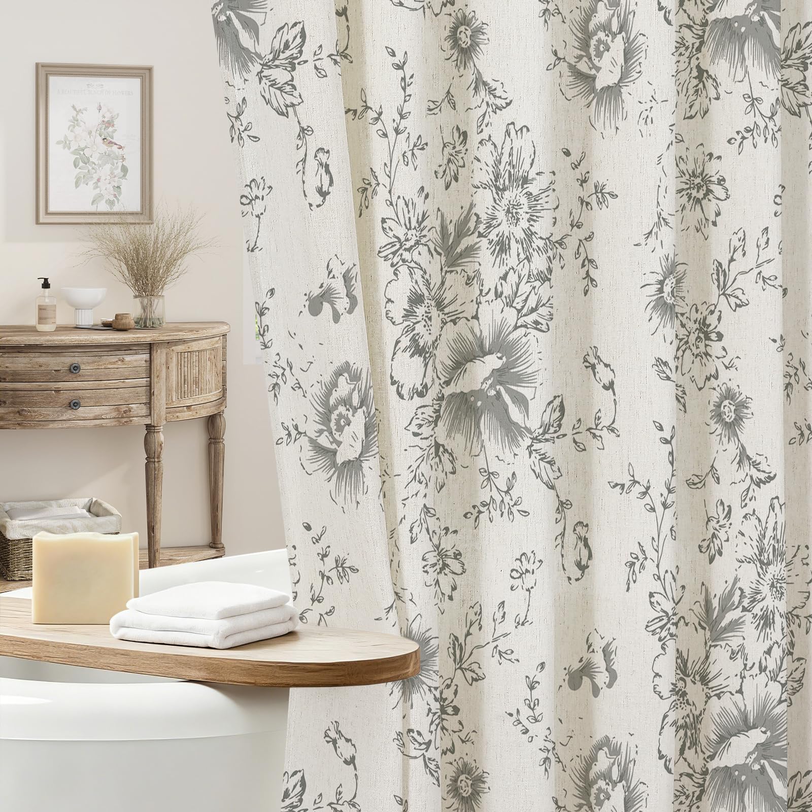 Craidlela Farmhouse Floral Shower Curtain, Grey Linen Shower Curtains, Vintage Cottagecore Shower Curtain for Bathroom, Tan Taupe, 72x72