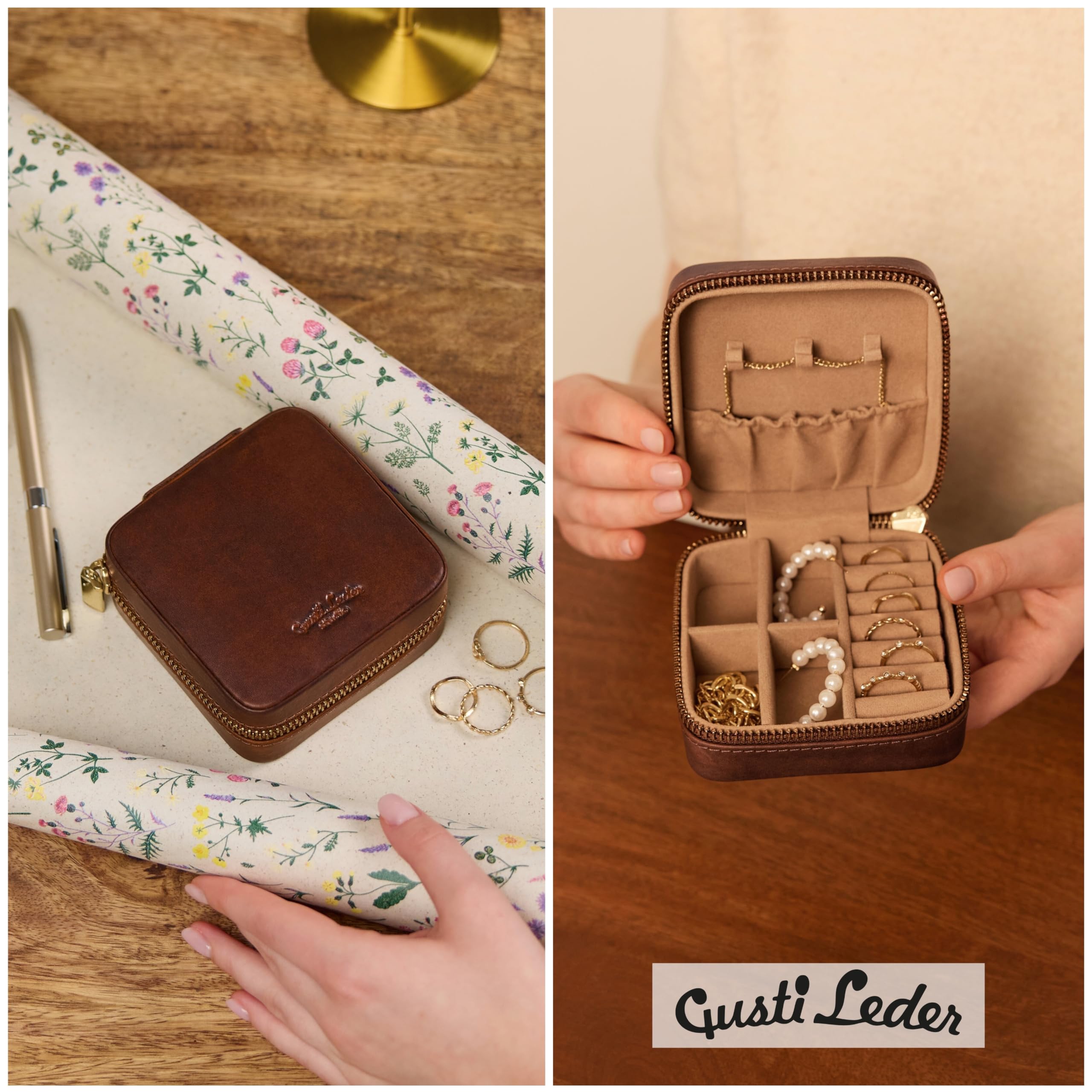 Gusti Pochette à Bijoux en Cuir – "Lonneke" Étui à Bijoux pour Femme en Cuir Marron