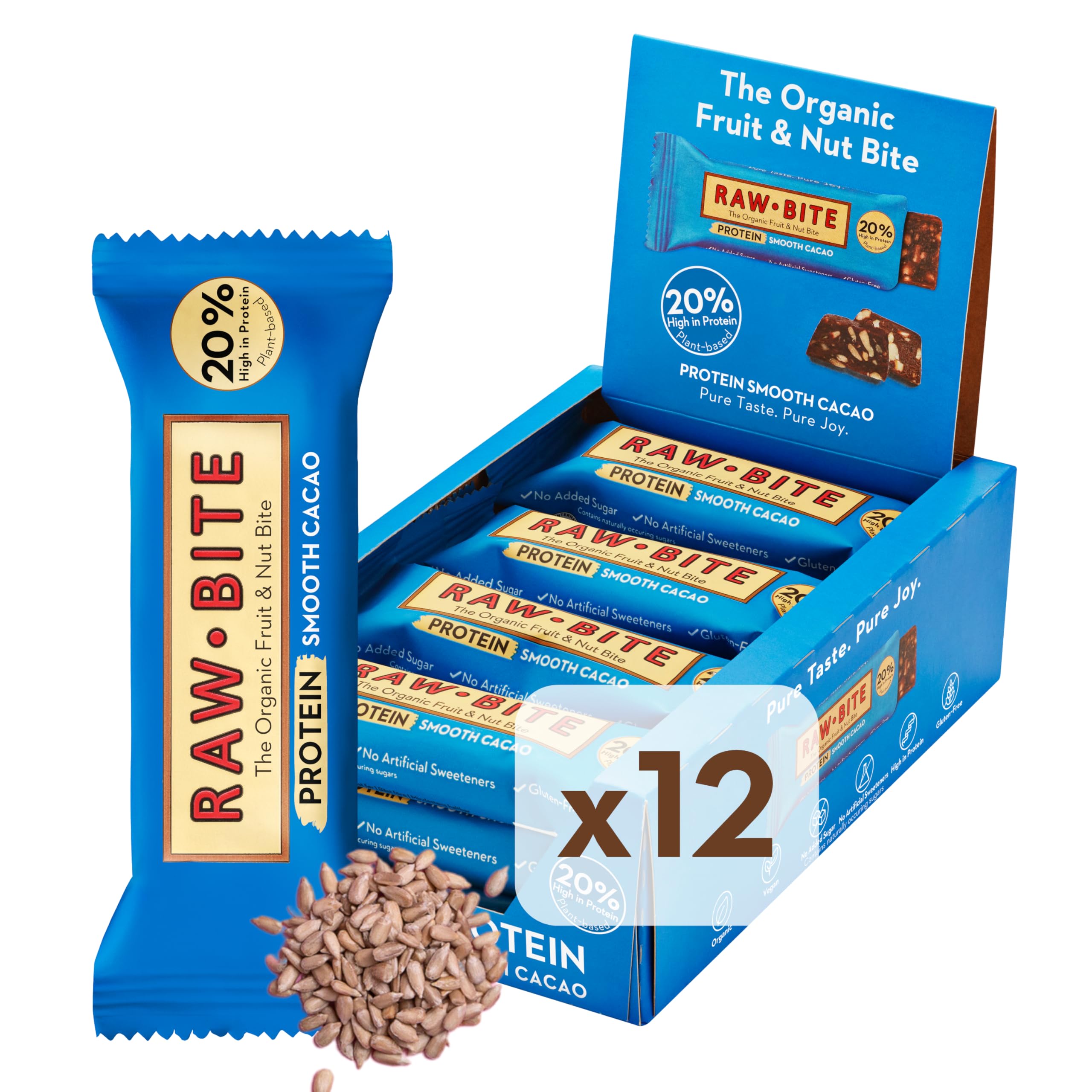RawBite Barrita Ecológica Proteica con Cacao suave - Paquete de 12 x 45 gr - Total: 540 gr