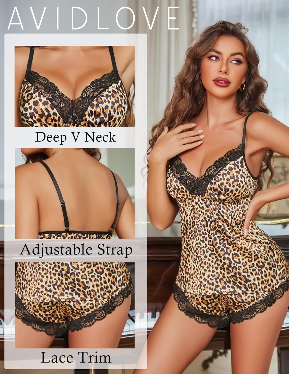 Avidlove Satin Pajamas Set Womens Lace Sleepwear Sexy Lingerie Cami Shorts Set S-XXL - Image 4