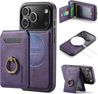 Wallet Case for iPhone 17 Pro, 2 in 1 Strong Magnetic Detachable, Shockproof Phone Case Compatible with MagSafe, Slim Leather Wallet RFID Blocking 5-Card Holder Ring Grip Stand Purple