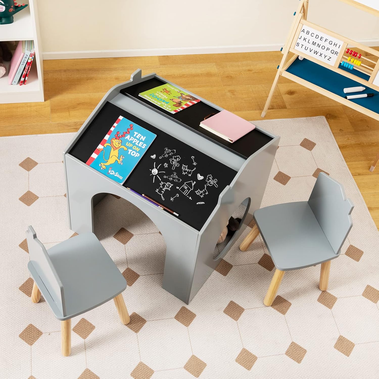 INFANS 3 in 1 Kids Table and Chair Set, Wood Multi Activity Table with Removable Tabletop Storage, Detachable Blackboard for Toddler Playing Drawing Arts Crafts (25" x 25" x 19)